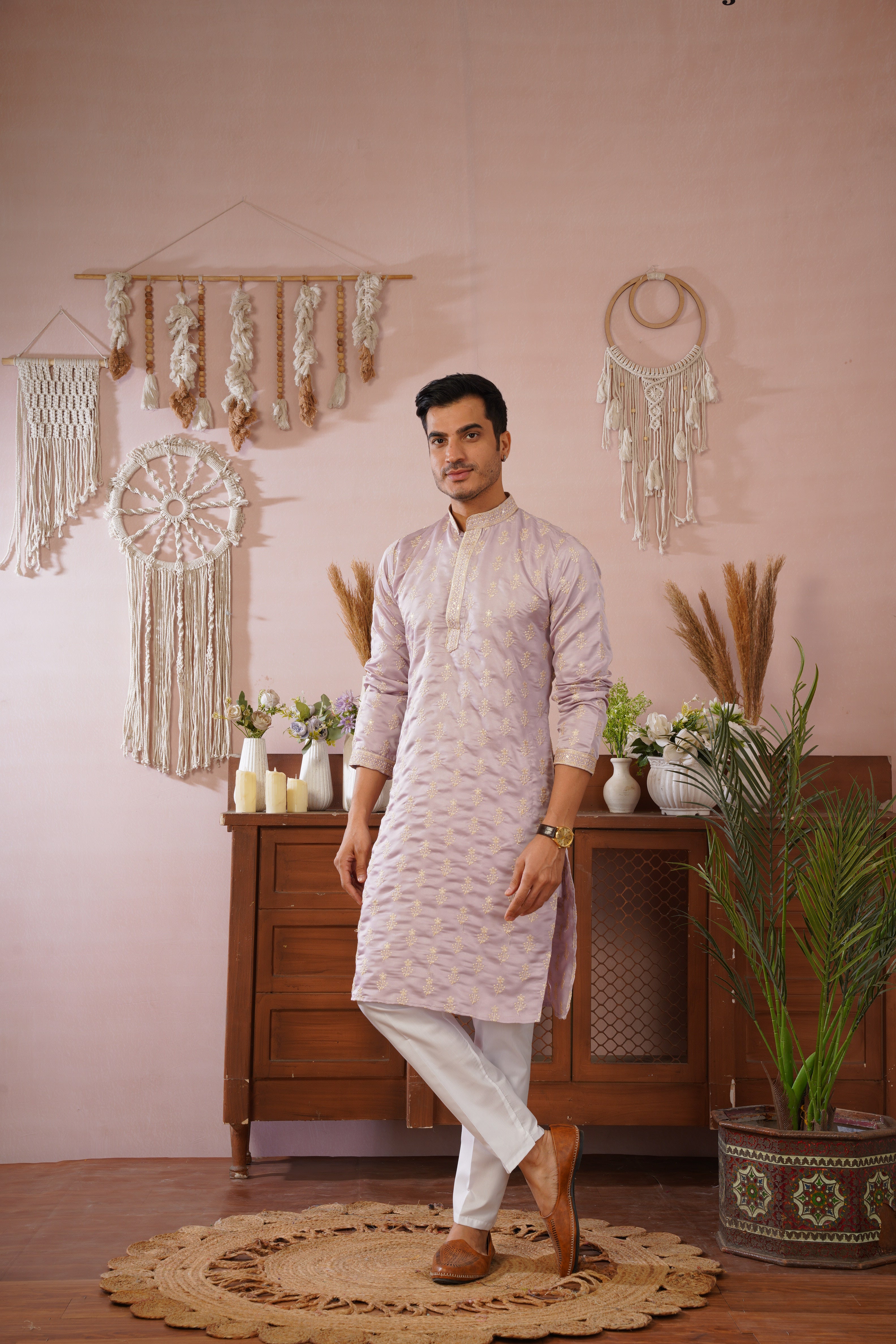 Lavendar Sequin-Embroidered Kurta set with gold detailing