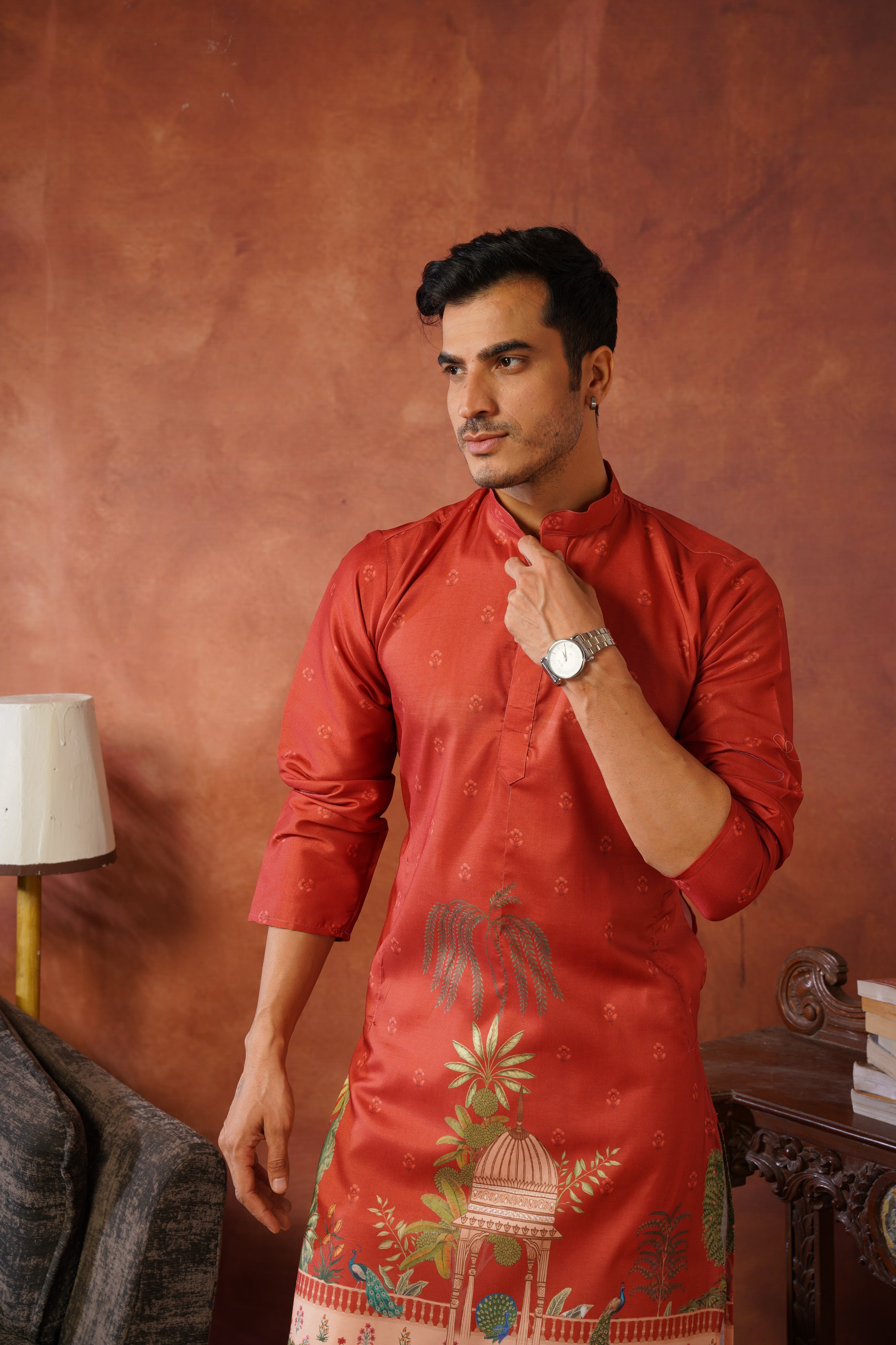 Rambagh Orange Printed Mens Kurta Set