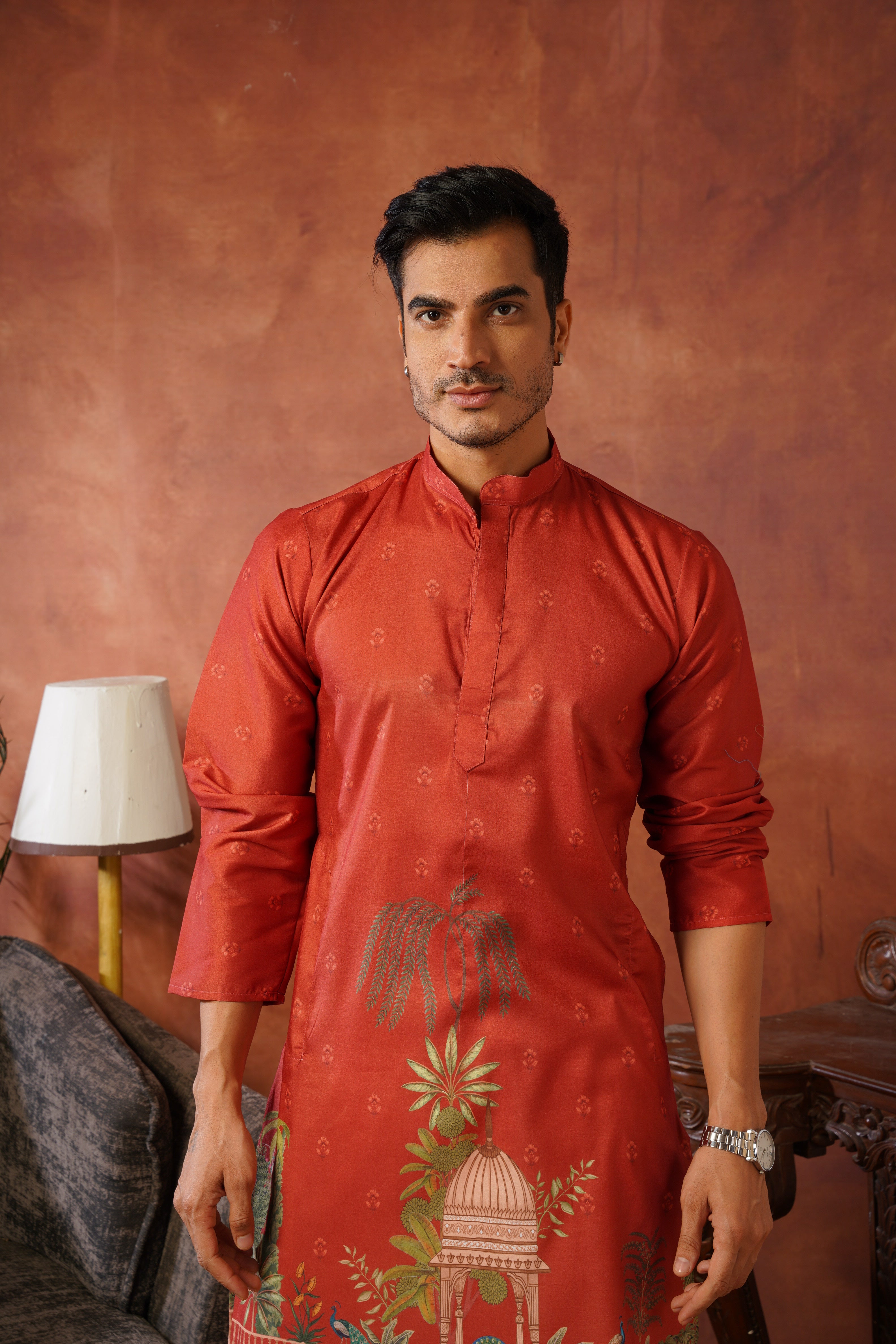 Rambagh Orange Printed Mens Kurta Set