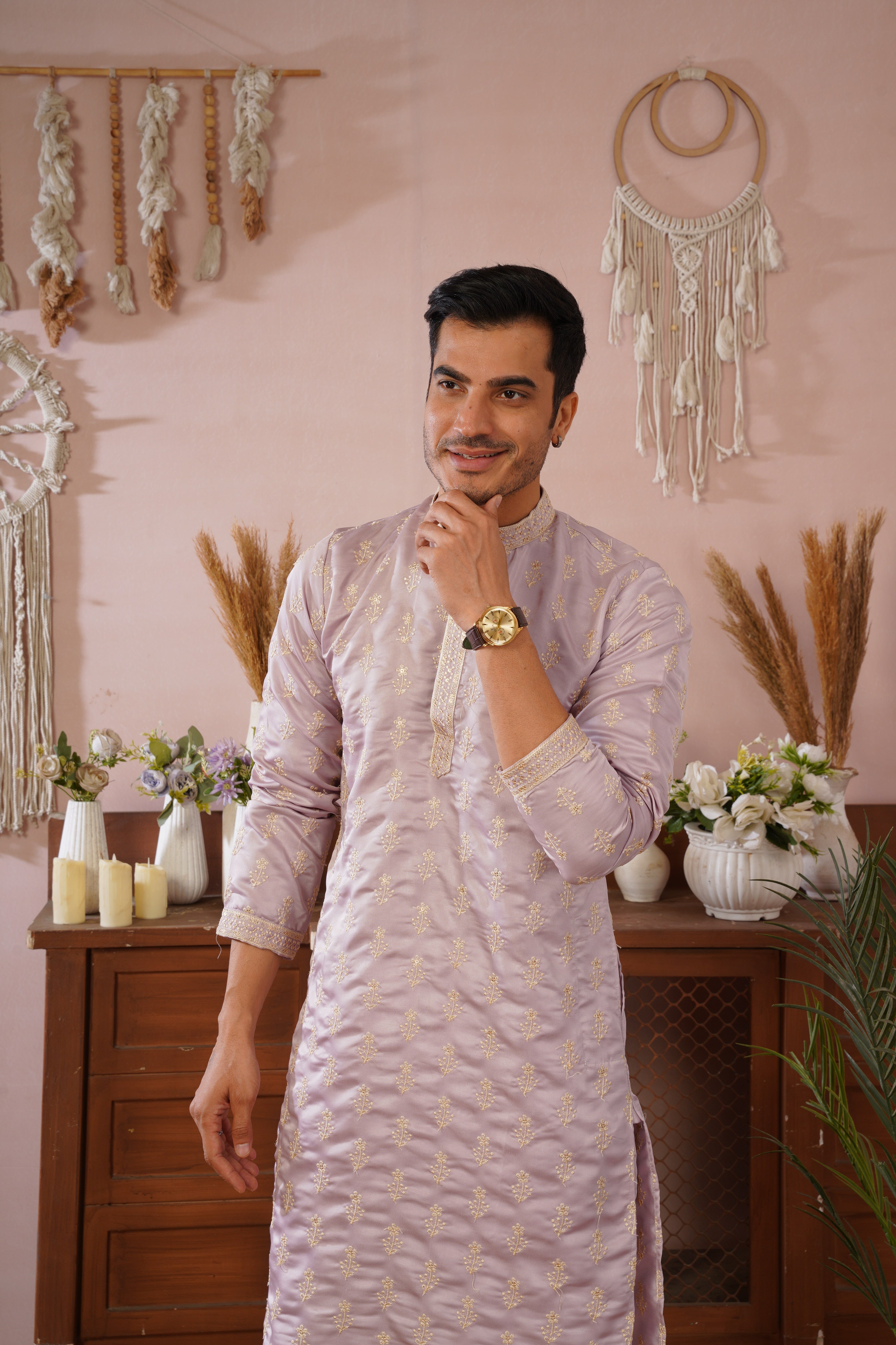 Lavendar Sequin-Embroidered Kurta set with gold detailing