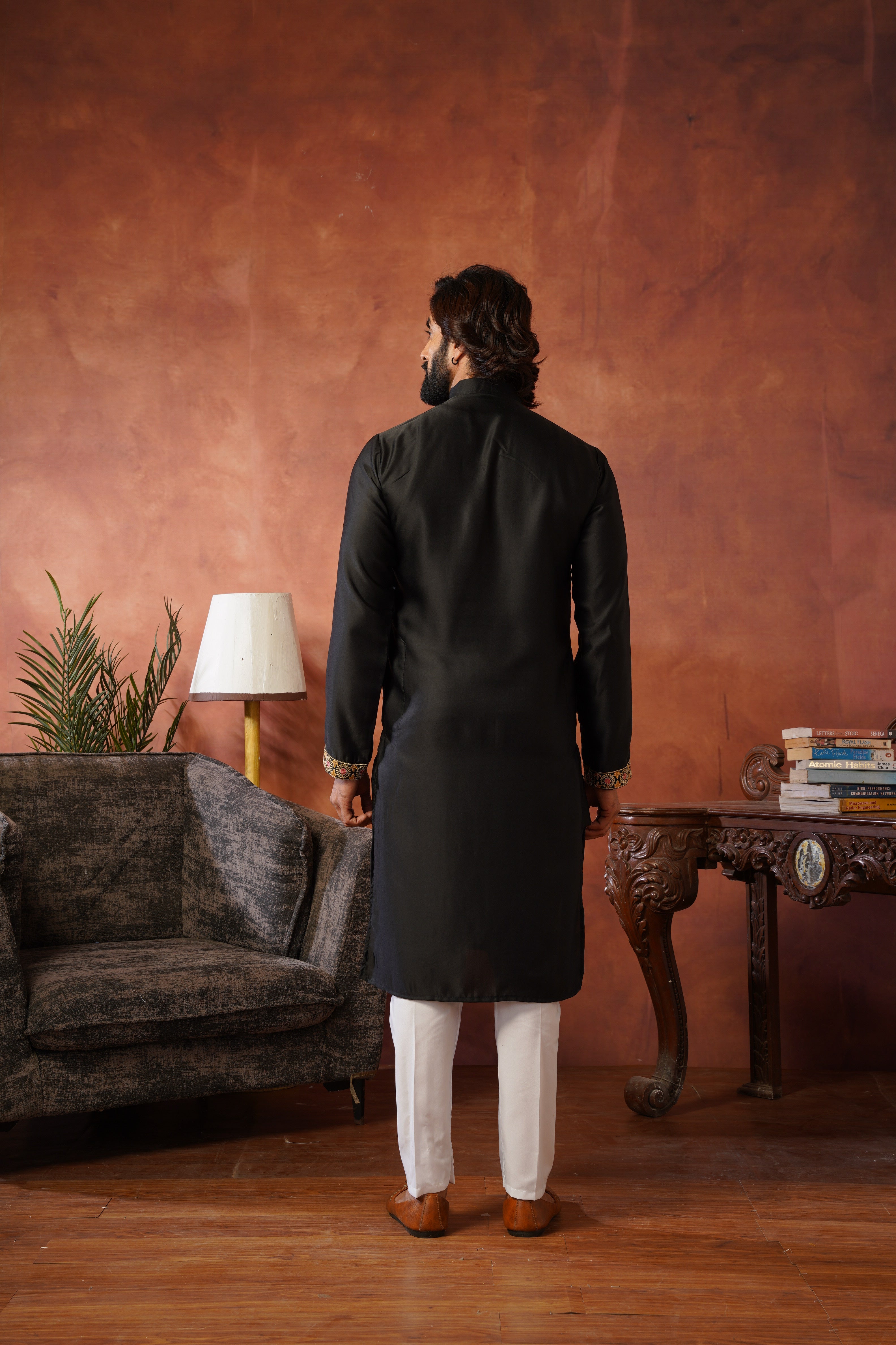 Rajdarbar Black Embroidered Neckwork Mens Kurta