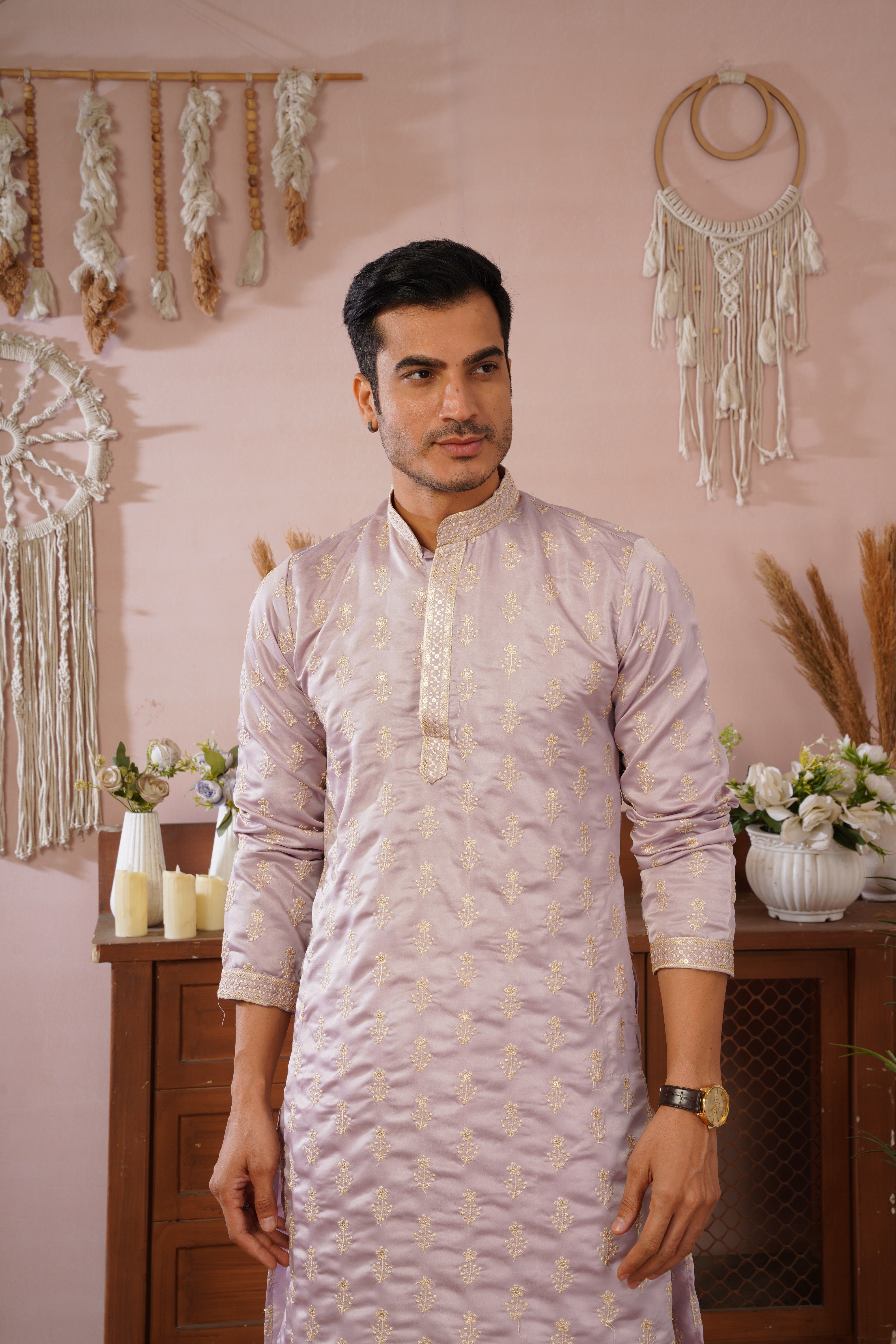 Lavendar Sequin-Embroidered Kurta set with gold detailing