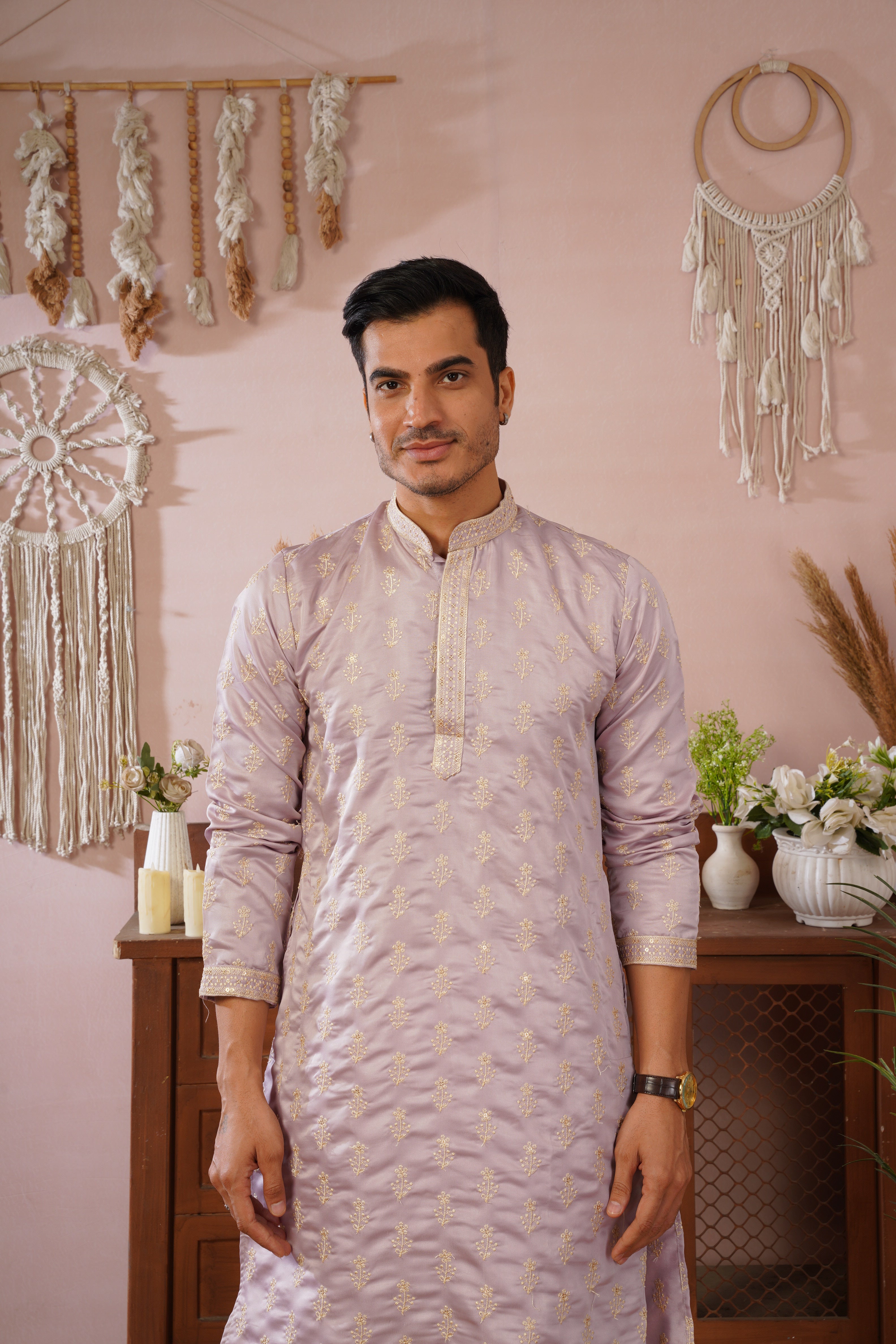 Lavendar Sequin-Embroidered Kurta set with gold detailing