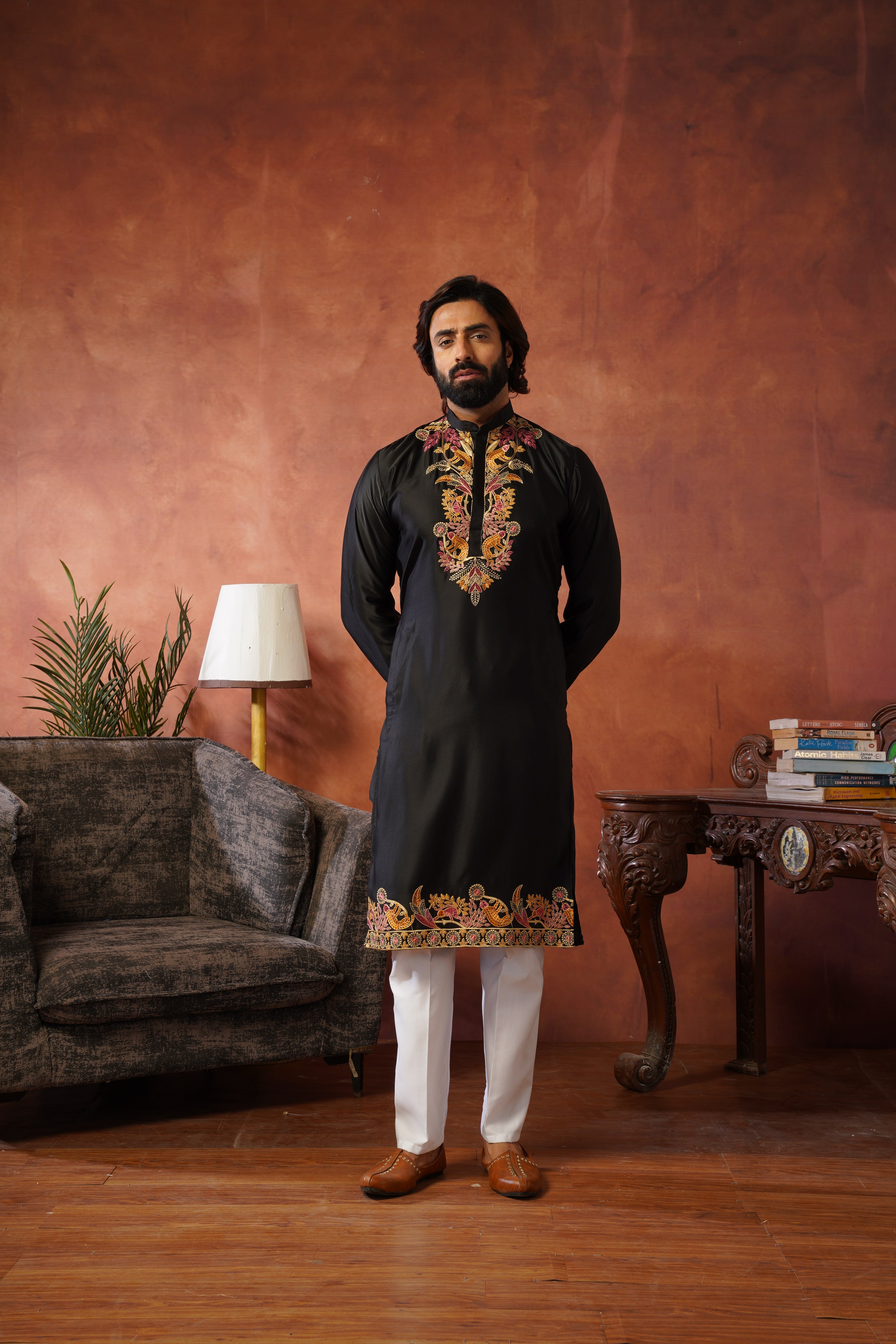 Rajdarbar Black Embroidered Neckwork Mens Kurta