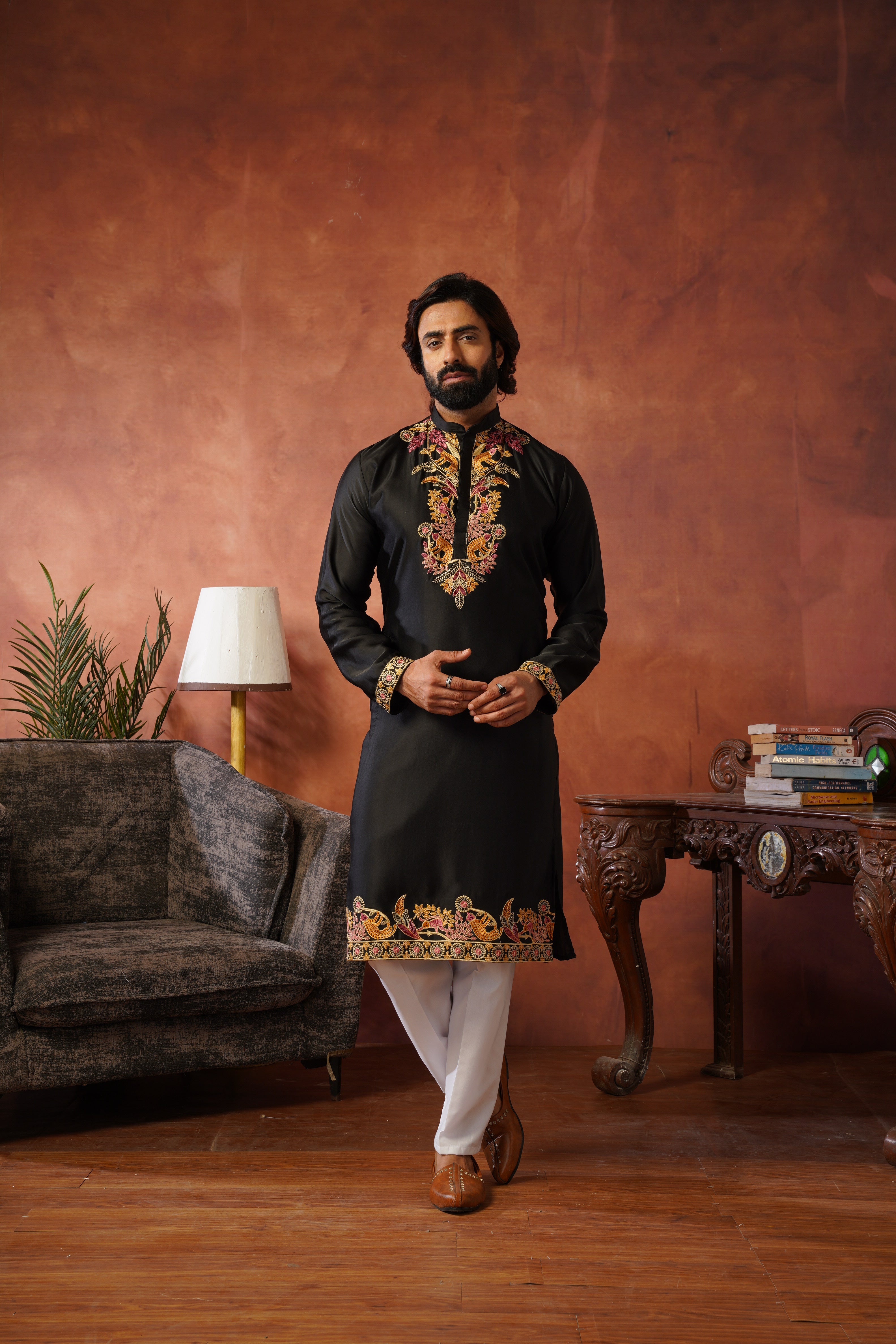Rajdarbar Black Embroidered Neckwork Mens Kurta