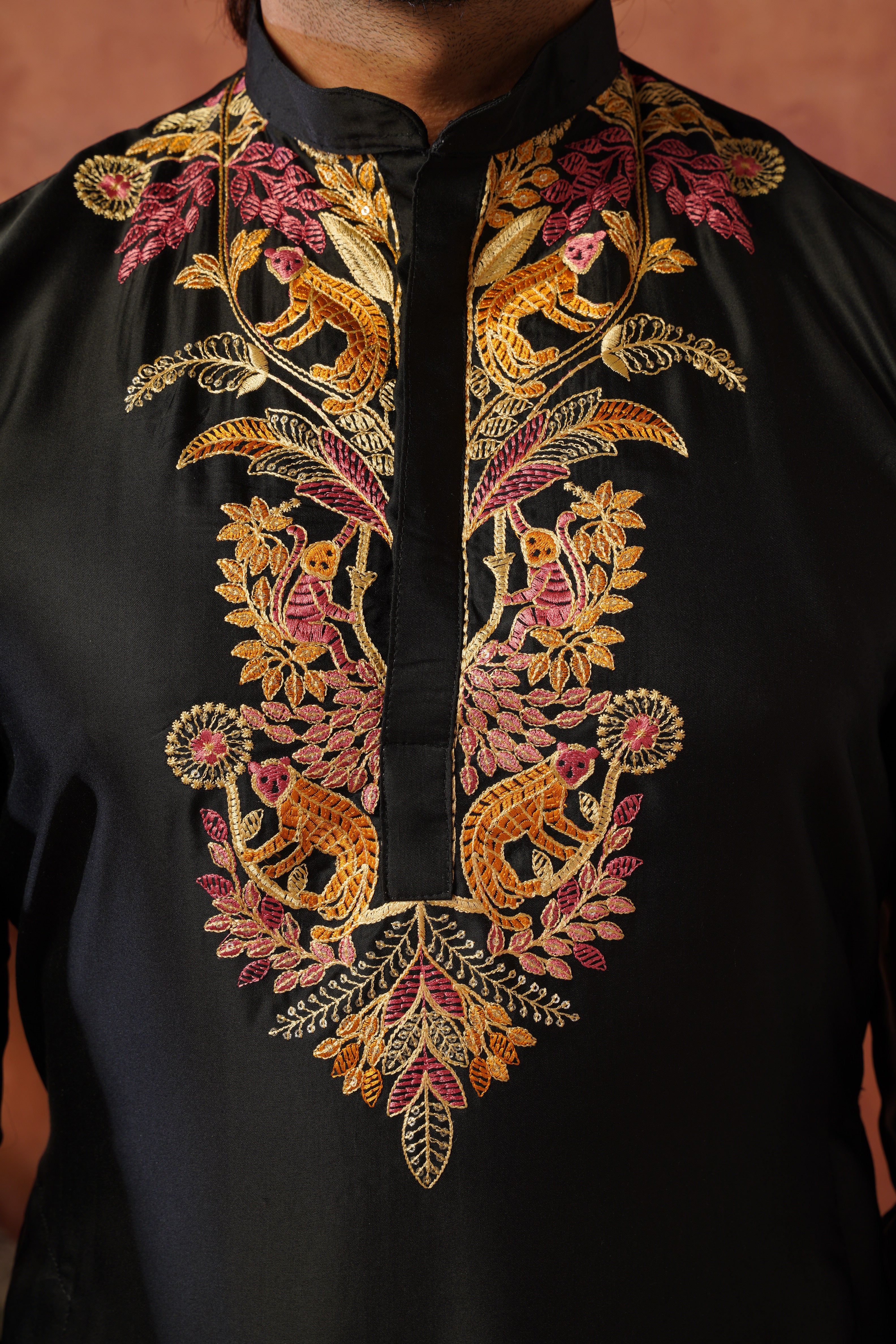 Rajdarbar Black Embroidered Neckwork Mens Kurta