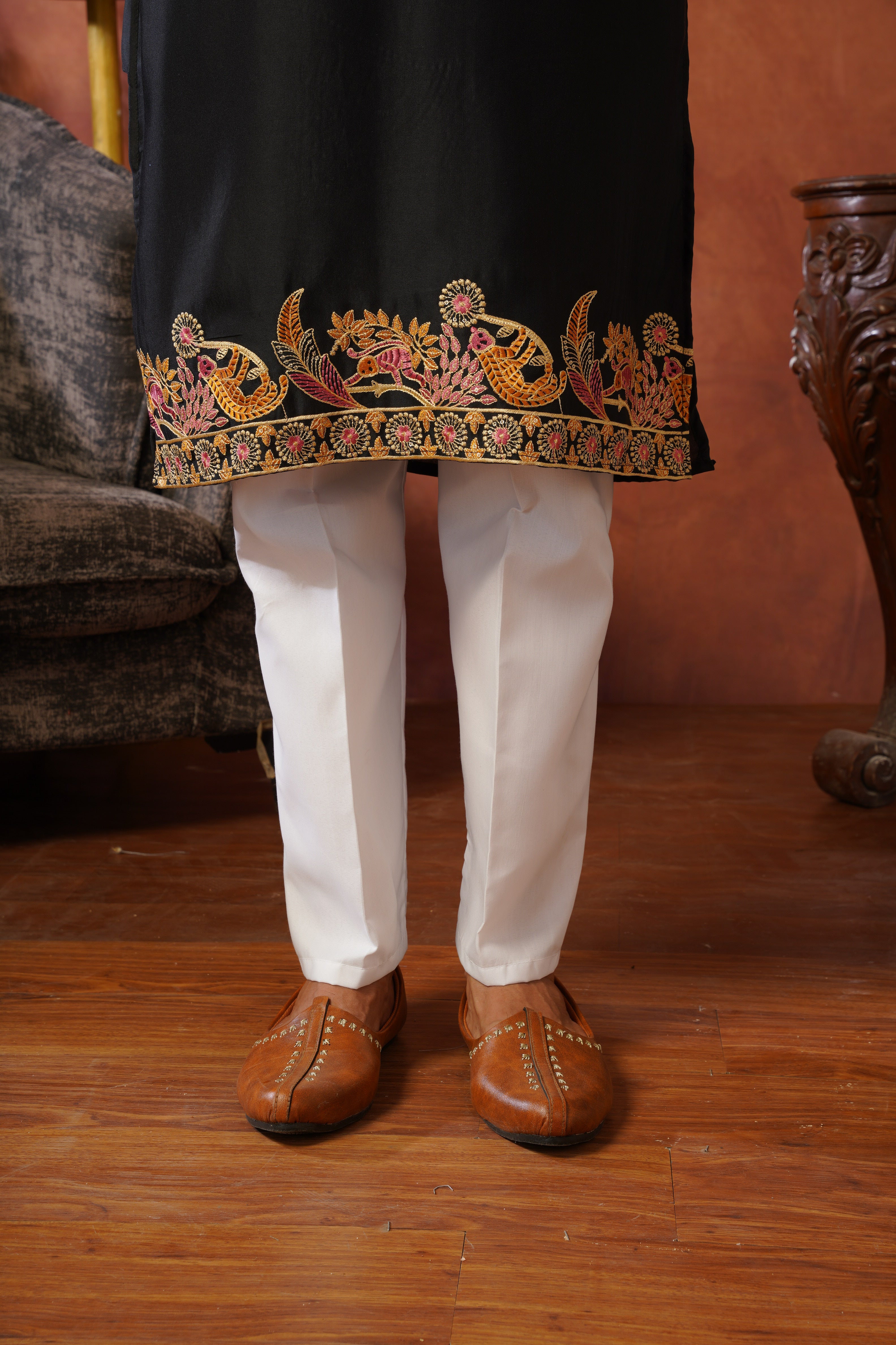Rajdarbar Black Embroidered Neckwork Mens Kurta