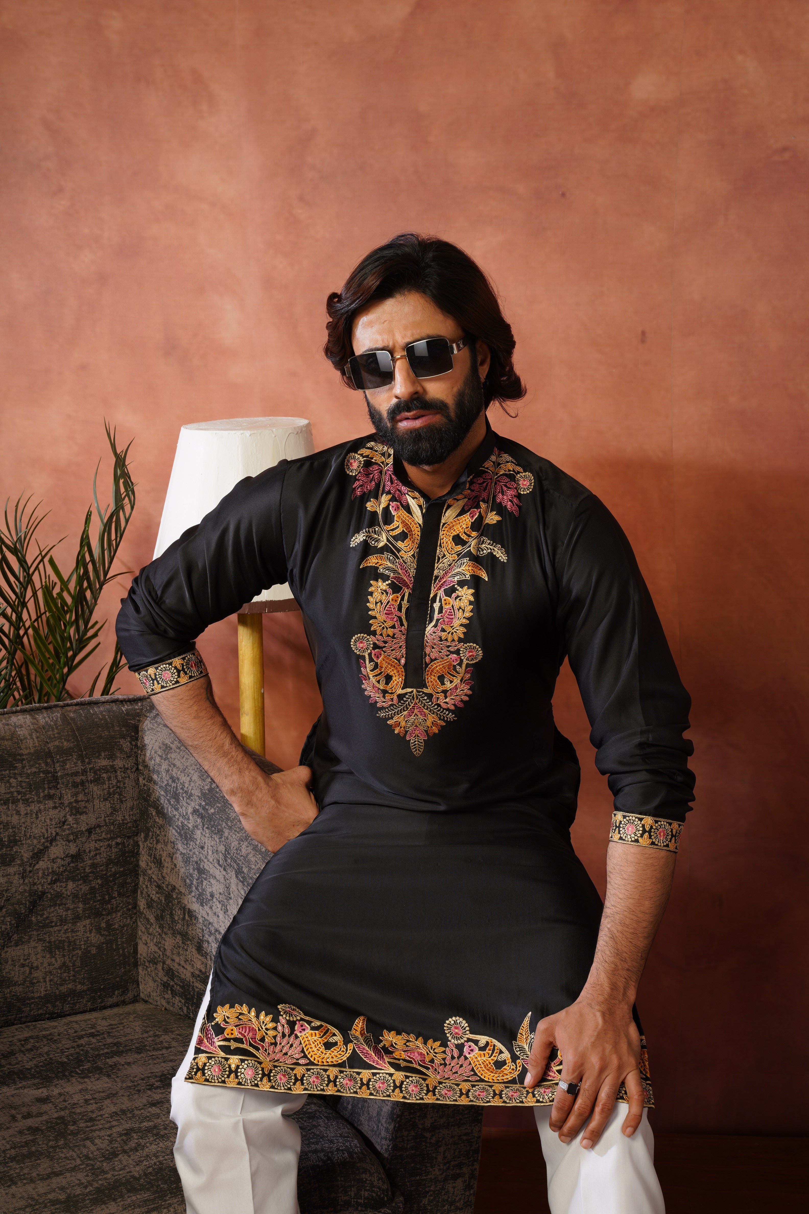 Rajdarbar Black Embroidered Neckwork Mens Kurta