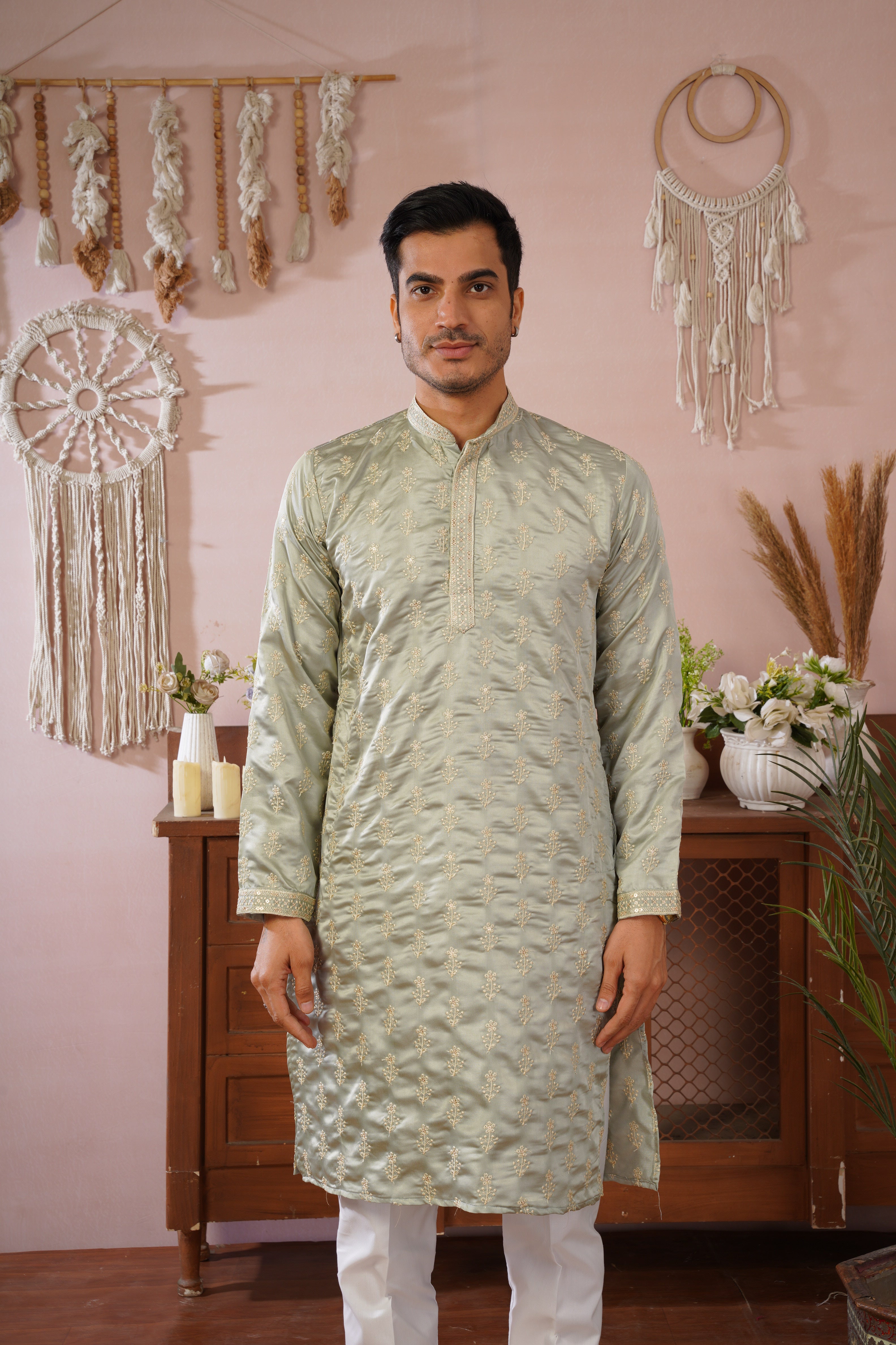 Pista Green Sequin-Embroidered Kurta set with gold detailing