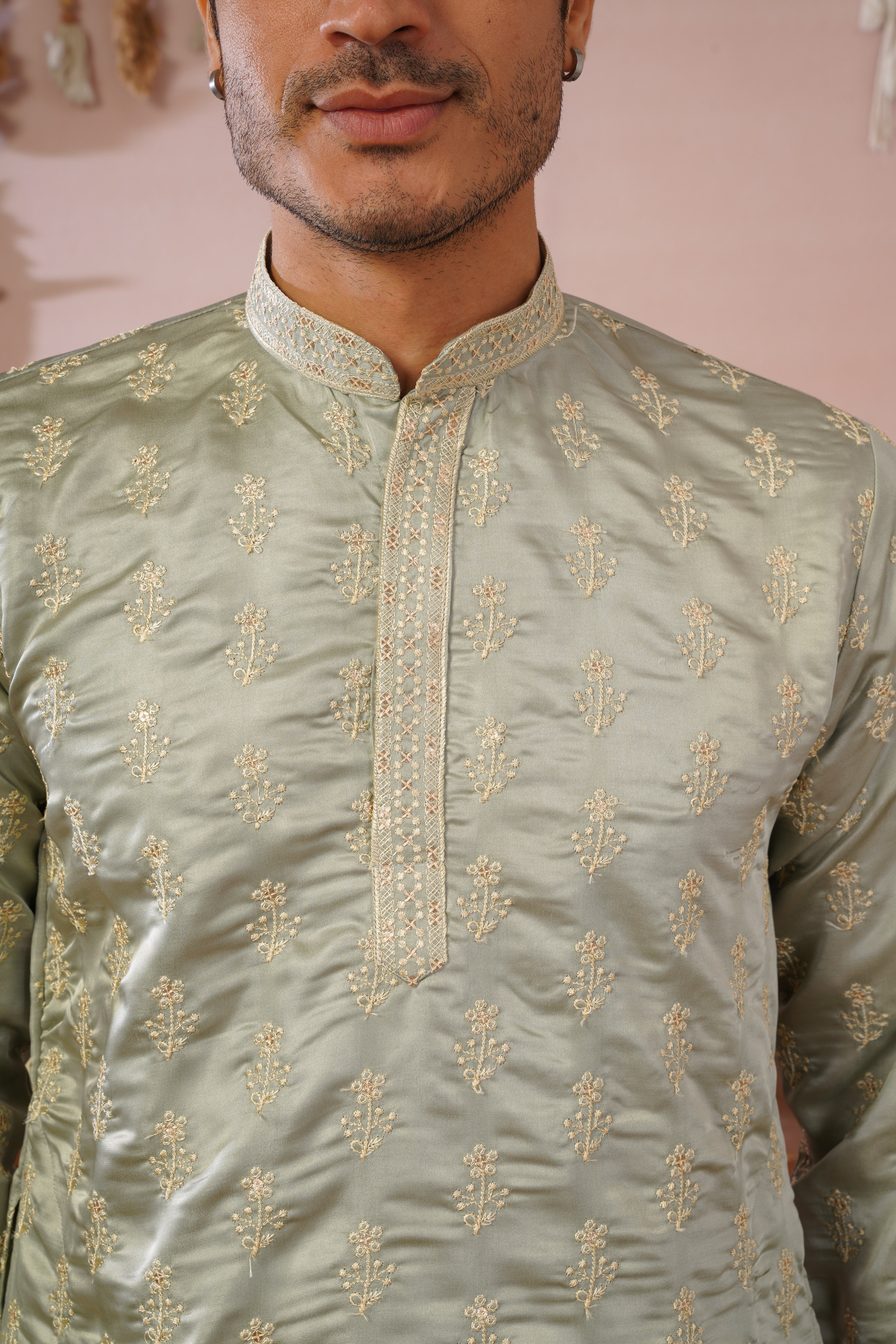 Pista Green Sequin-Embroidered Kurta set with gold detailing