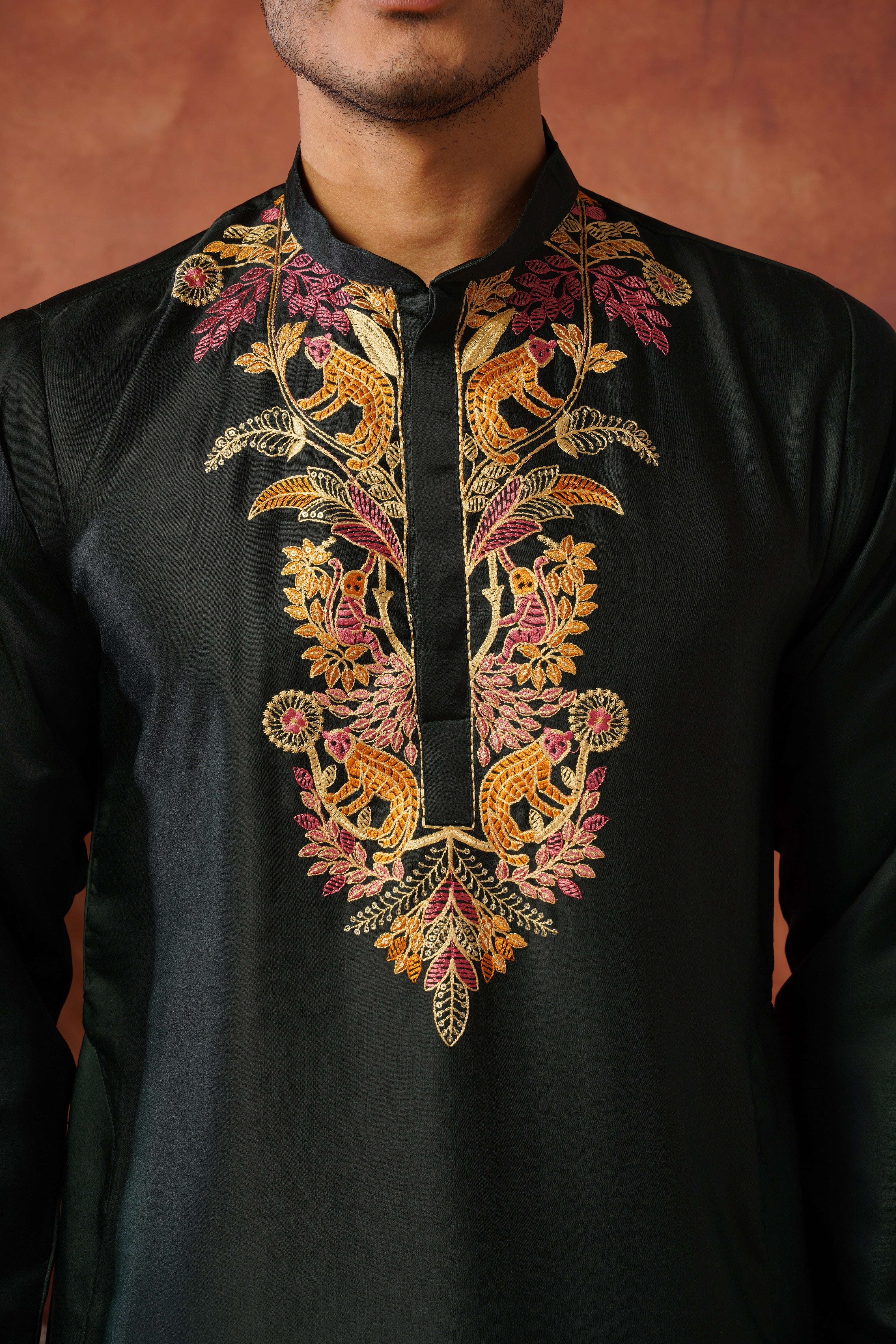 Rajdarbar Green Embroidered Neckwork Mens Kurta