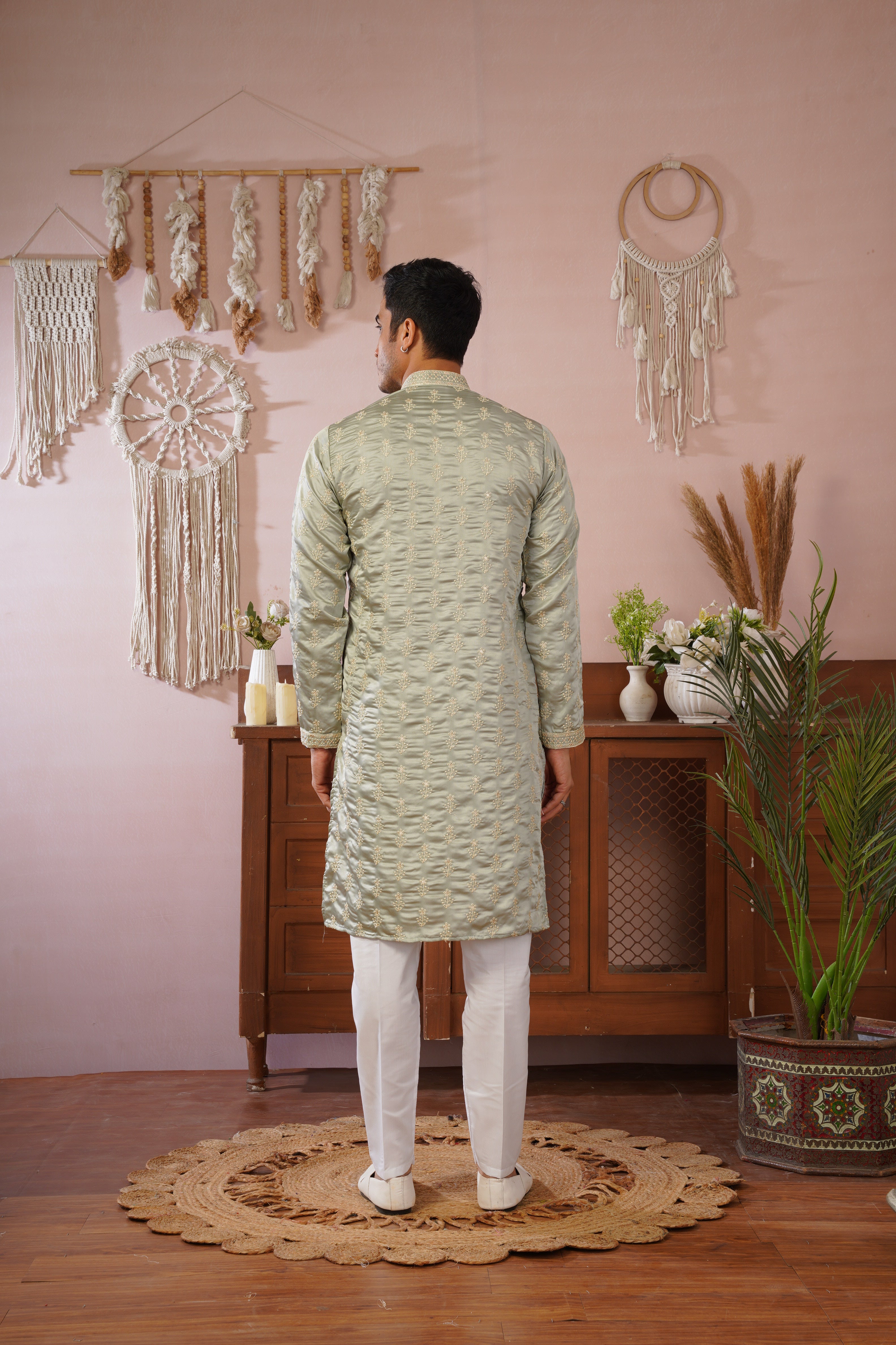 Pista Green Sequin-Embroidered Kurta set with gold detailing