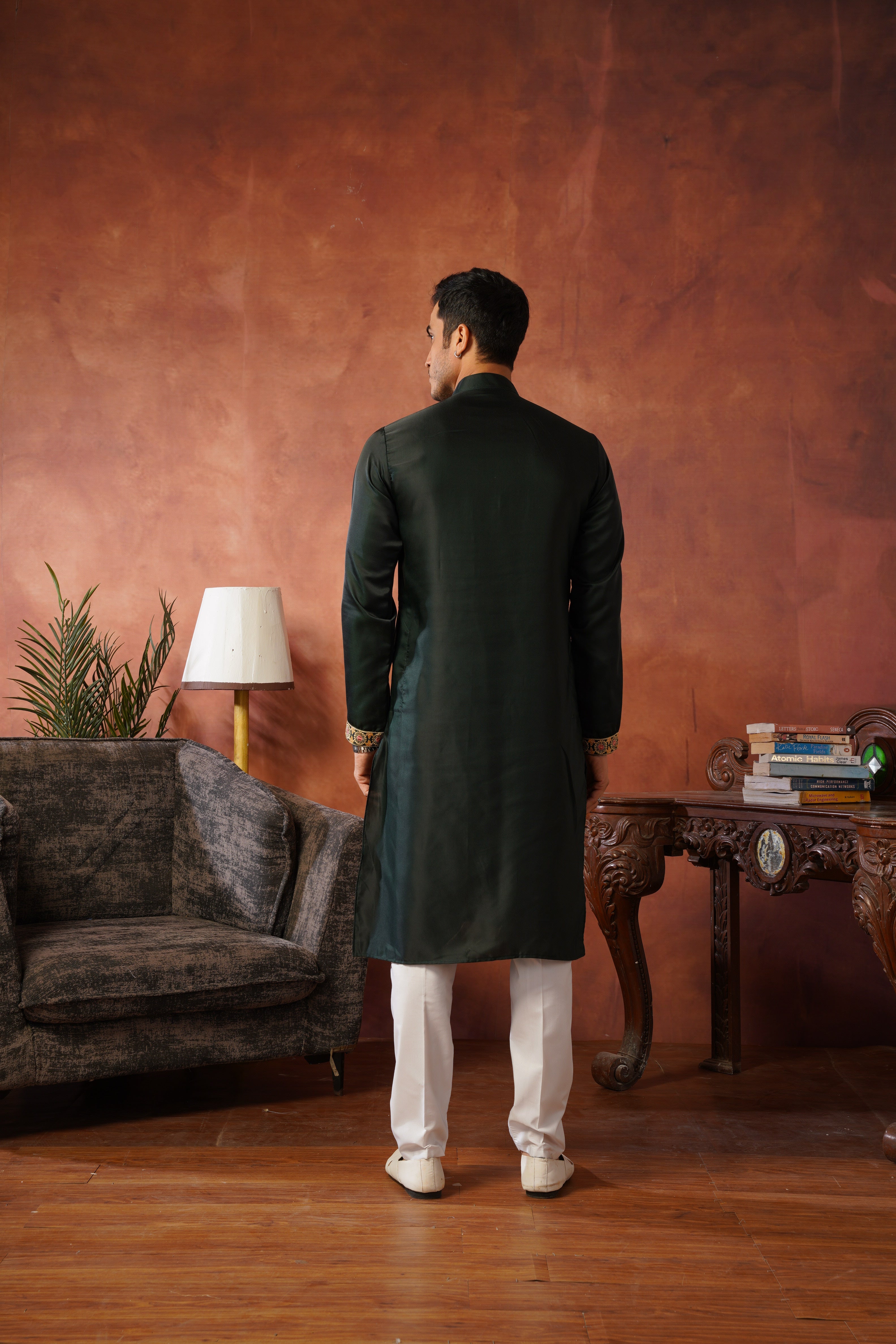 Rajdarbar Green Embroidered Neckwork Mens Kurta