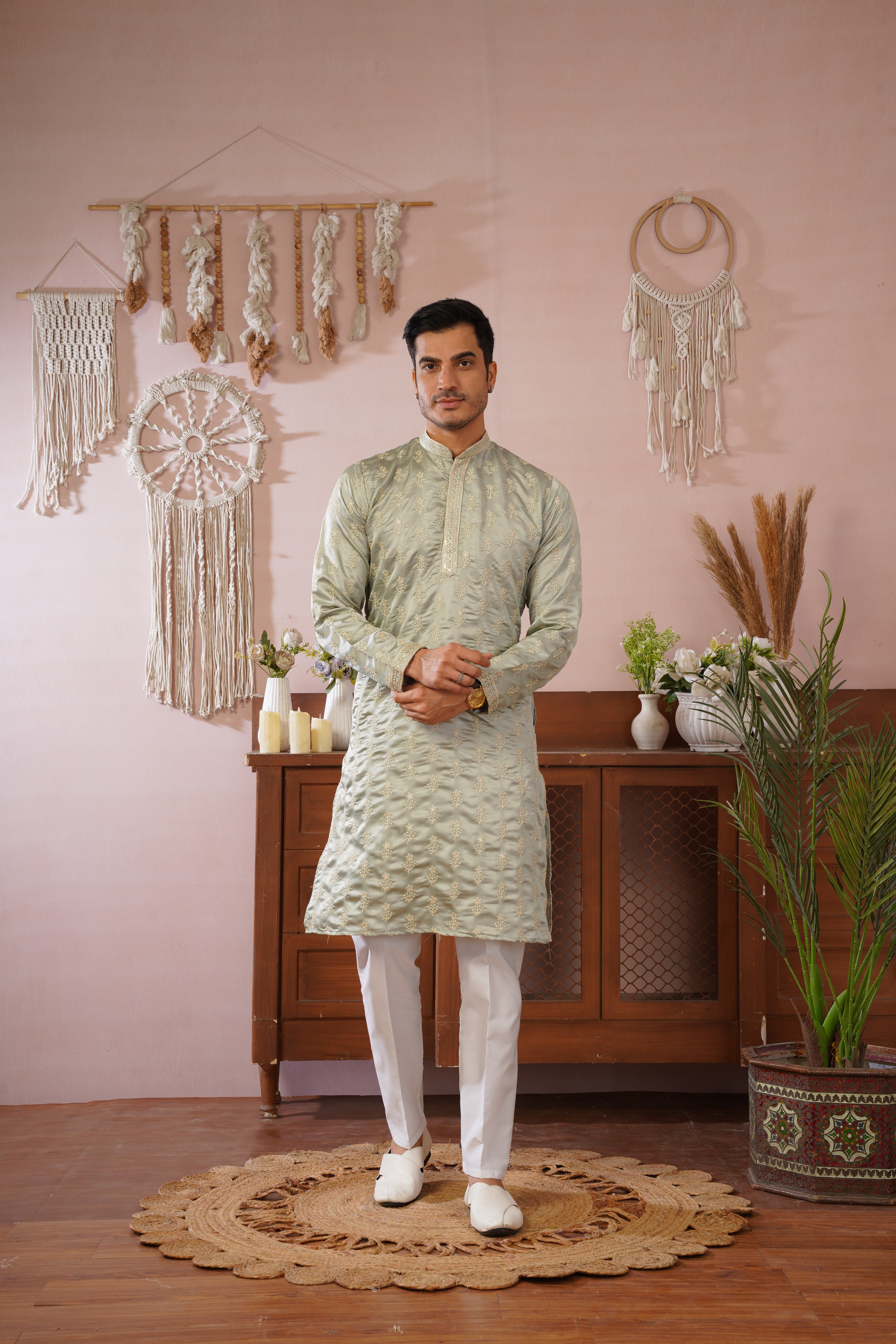 Pista Green Sequin-Embroidered Kurta set with gold detailing