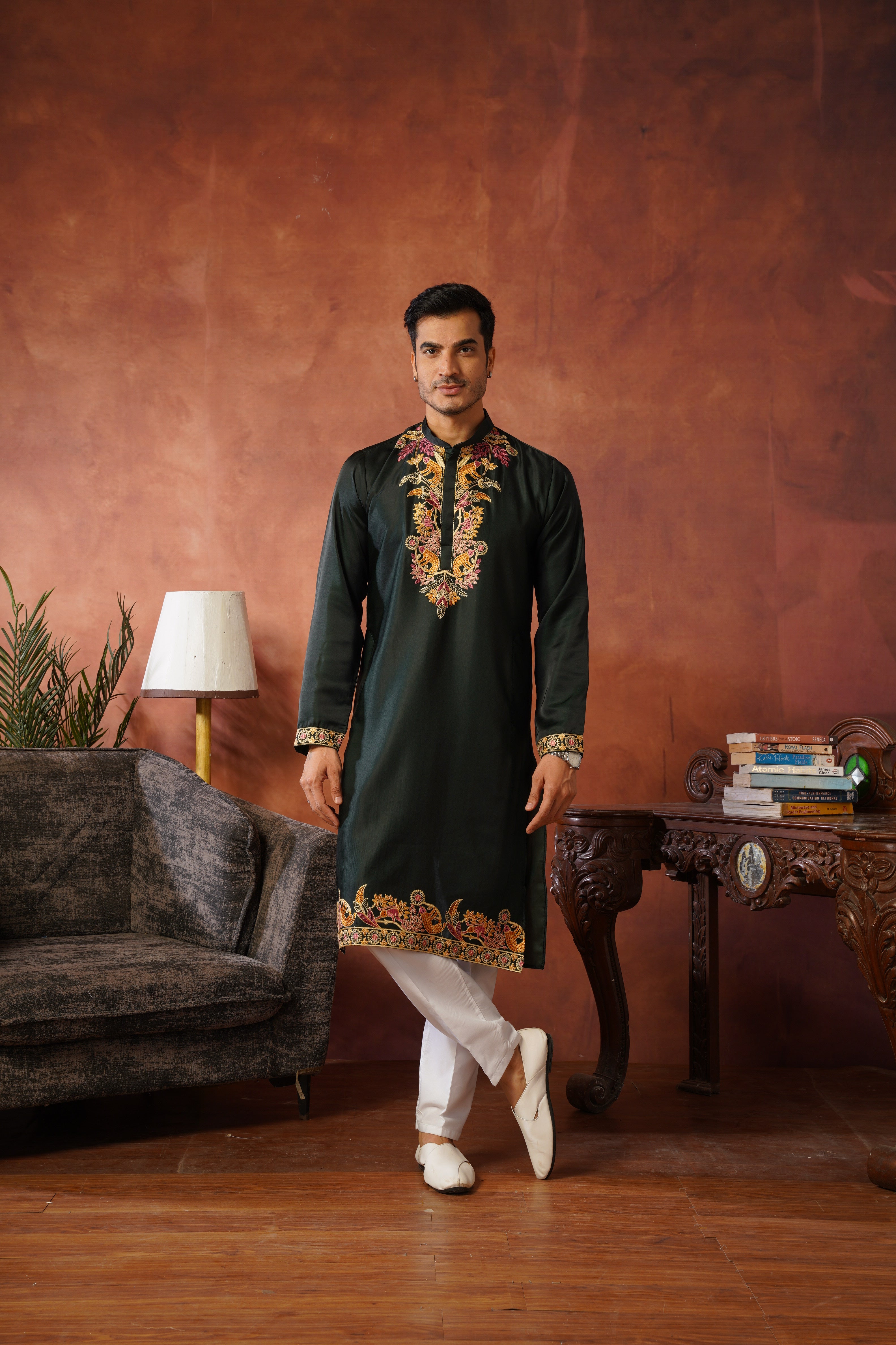 Rajdarbar Green Embroidered Neckwork Mens Kurta