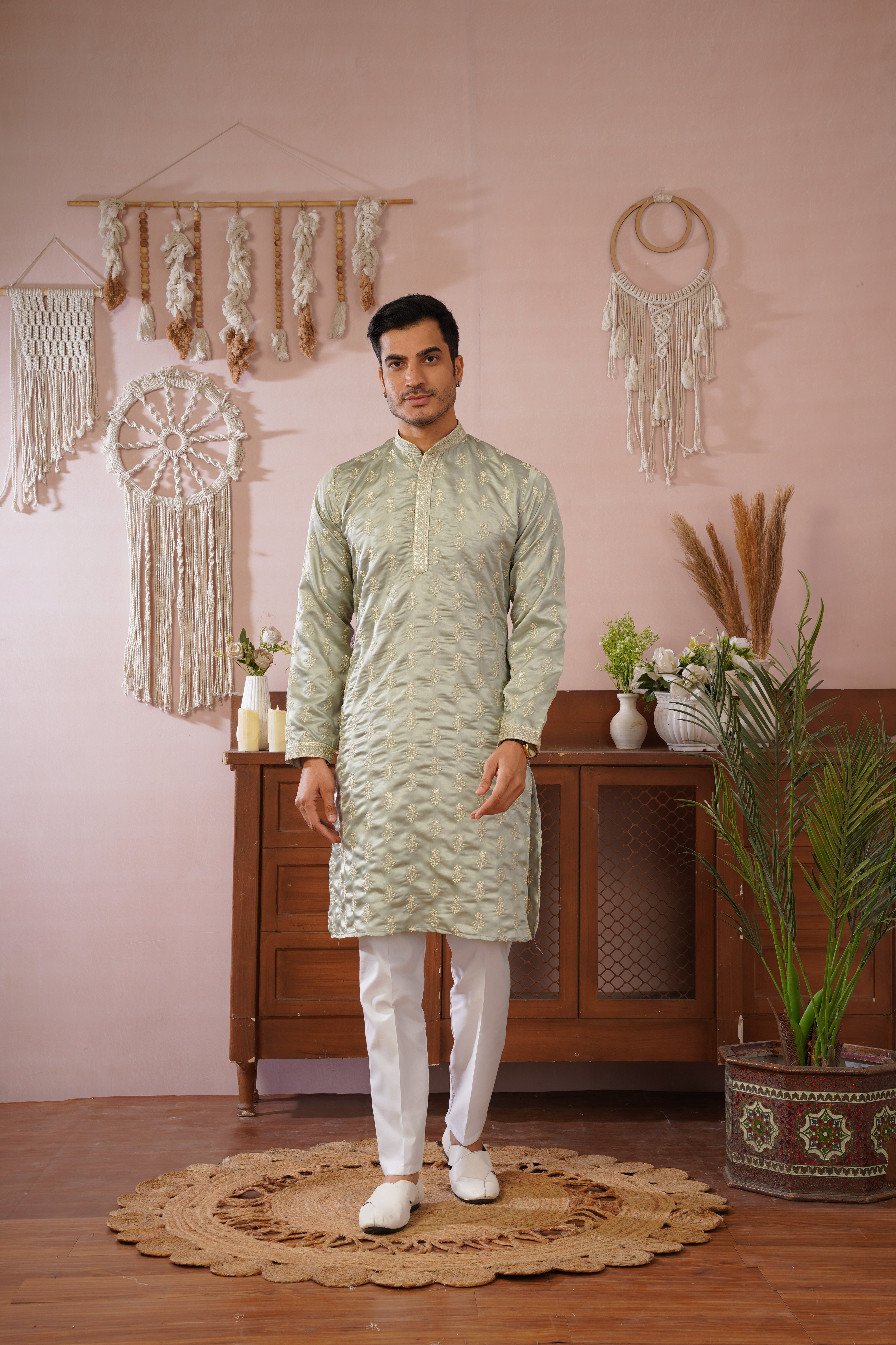 Pista Green Sequin-Embroidered Kurta set with gold detailing