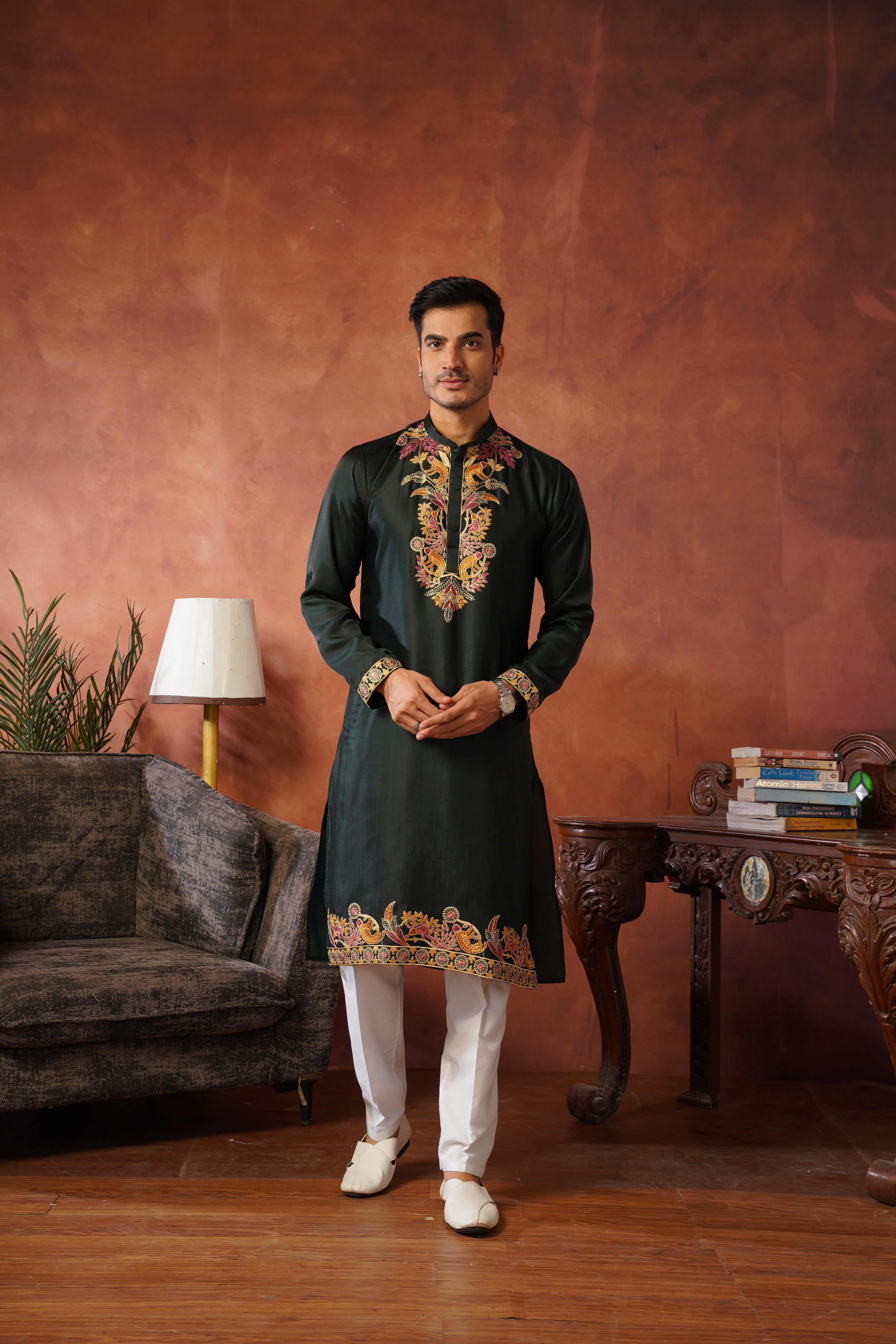 Rajdarbar Green Embroidered Neckwork Mens Kurta