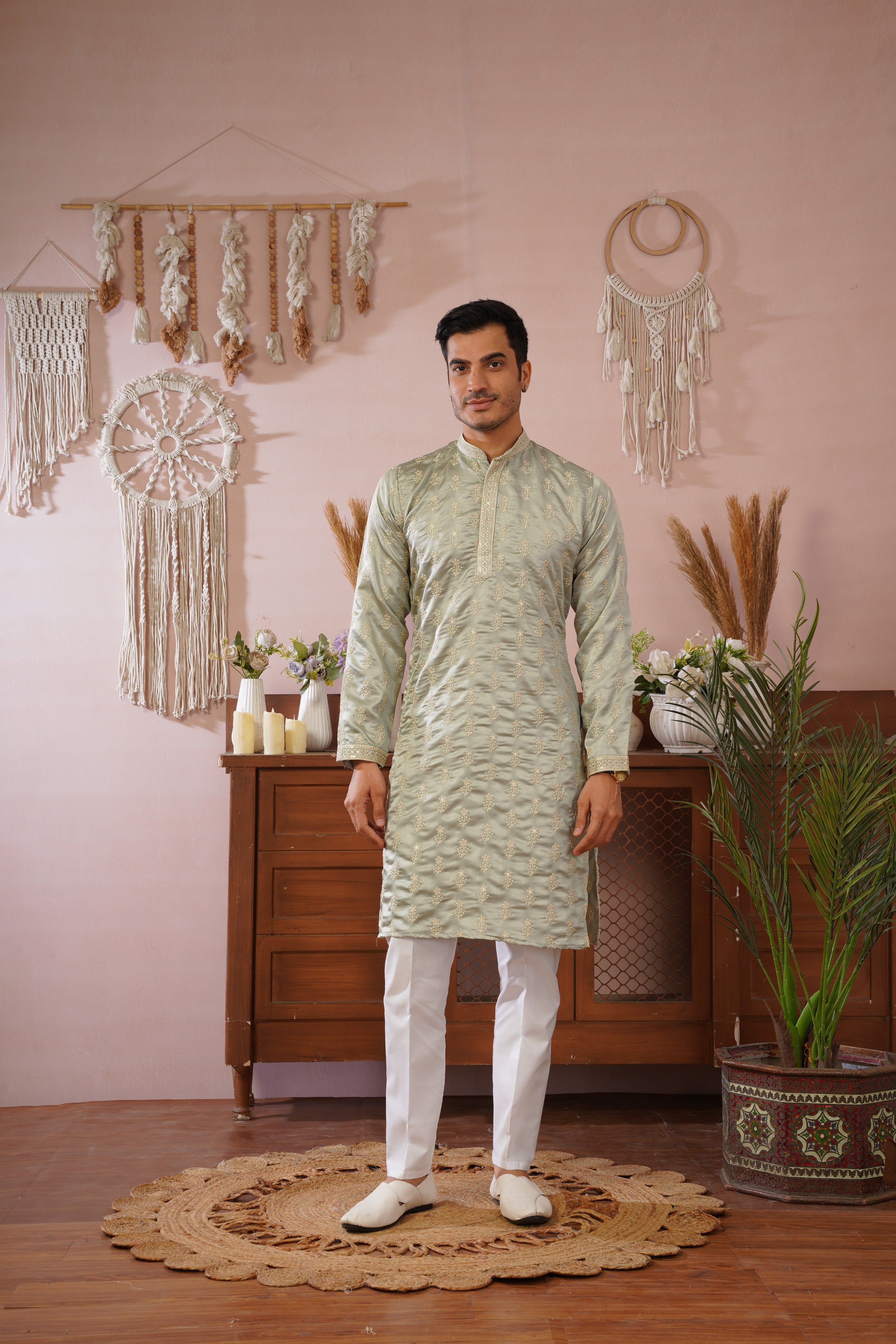 Pista Green Sequin-Embroidered Kurta set with gold detailing