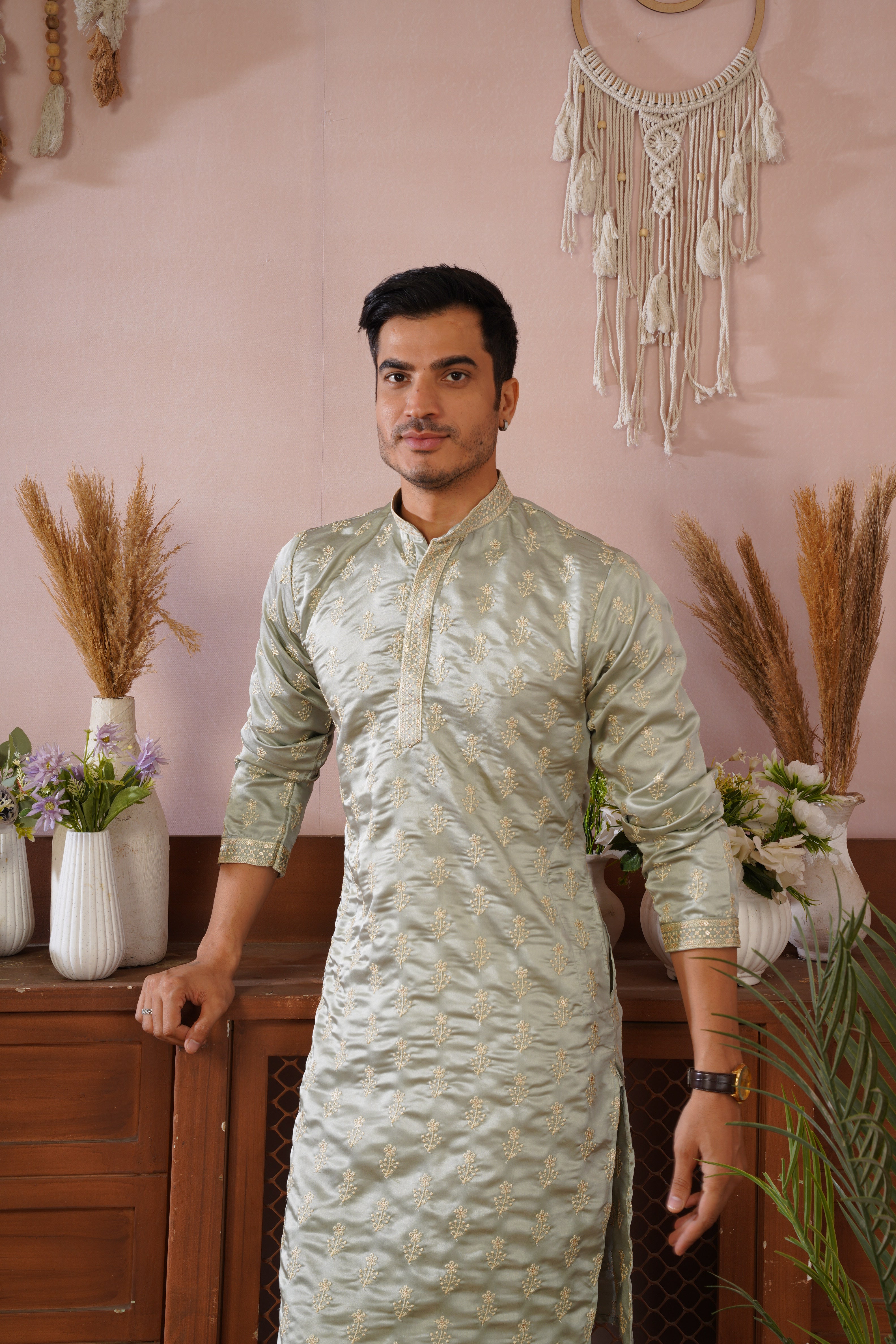 Pista Green Sequin-Embroidered Kurta set with gold detailing