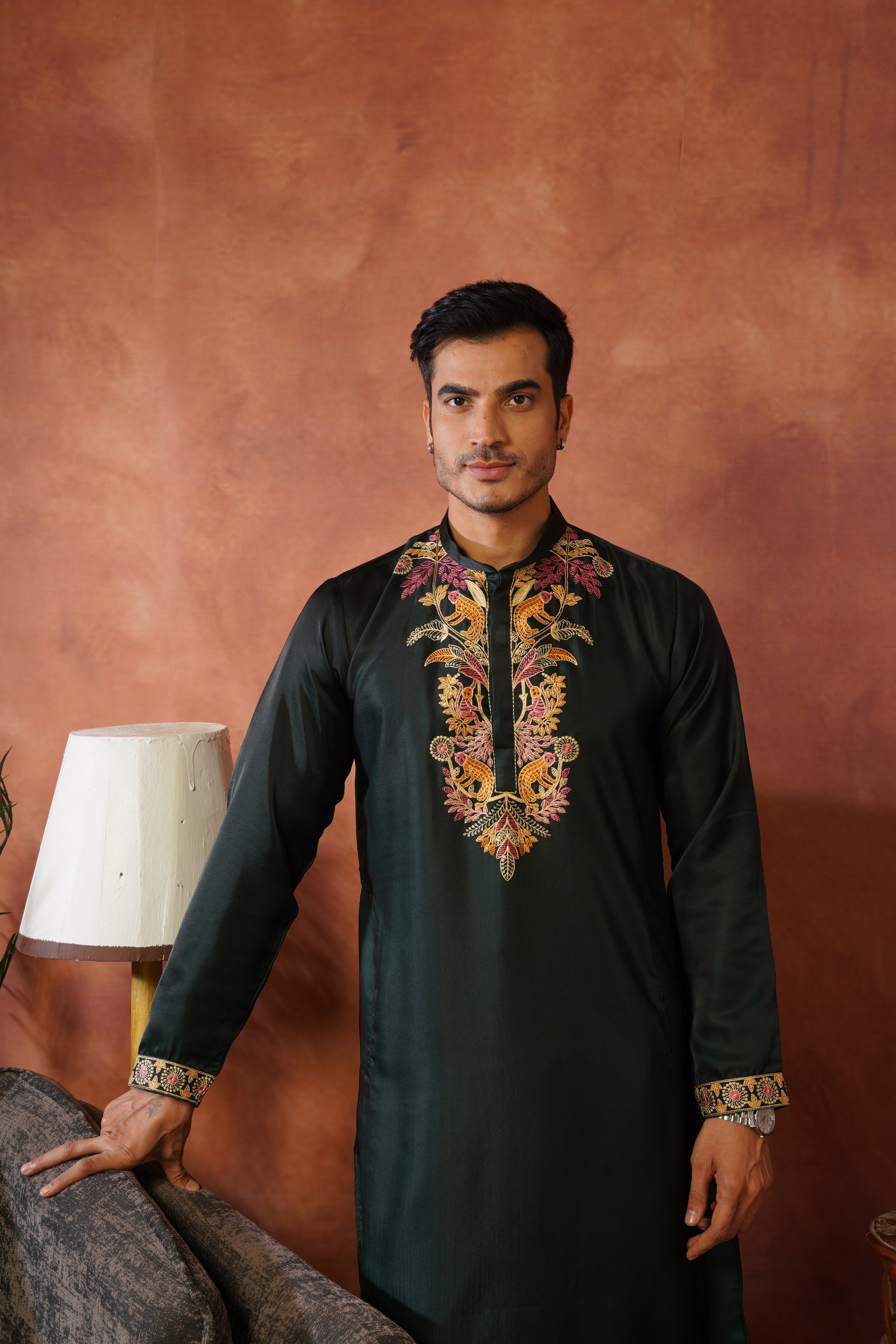Rajdarbar Green Embroidered Neckwork Mens Kurta