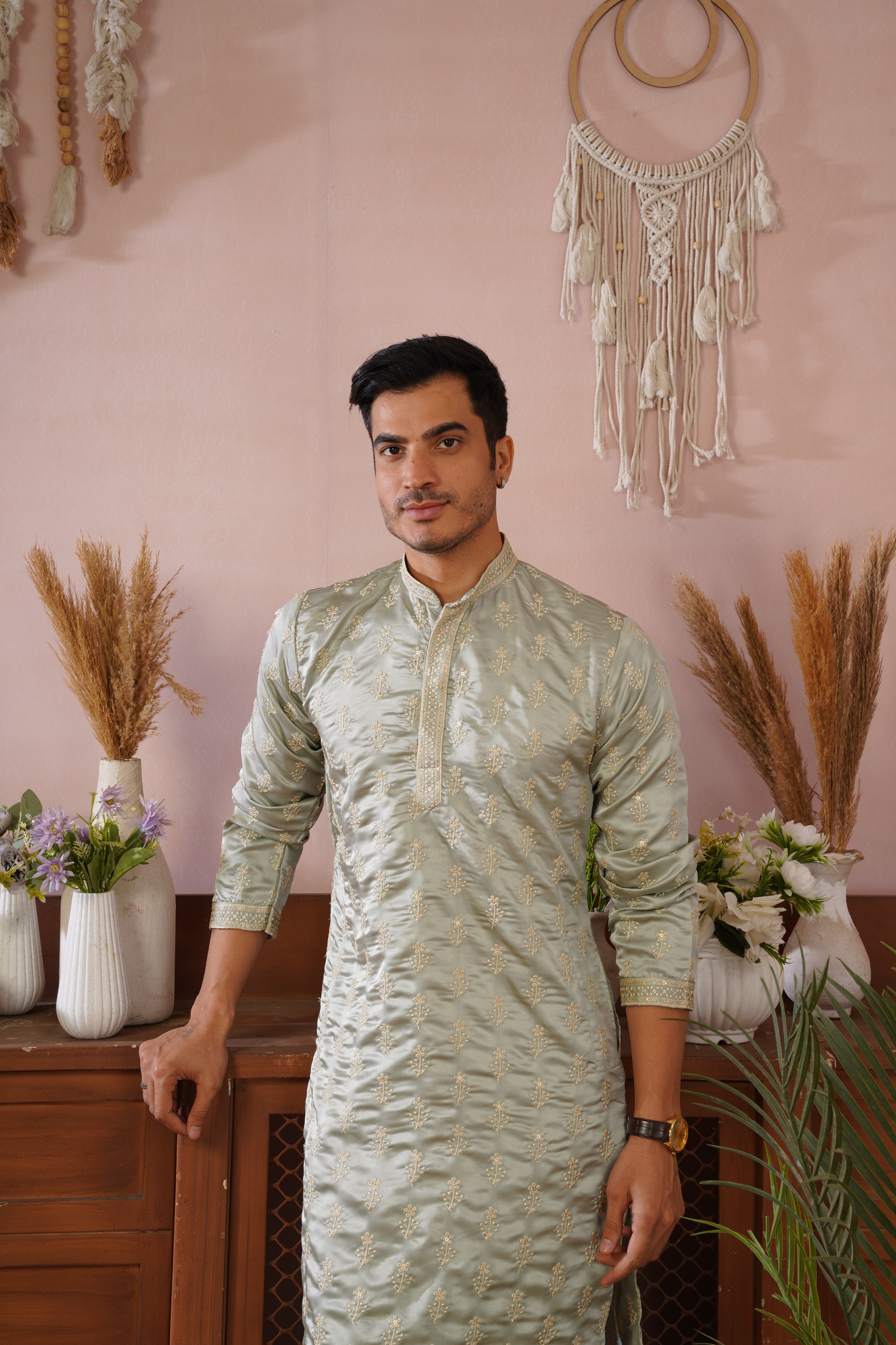 Pista Green Sequin-Embroidered Kurta set with gold detailing