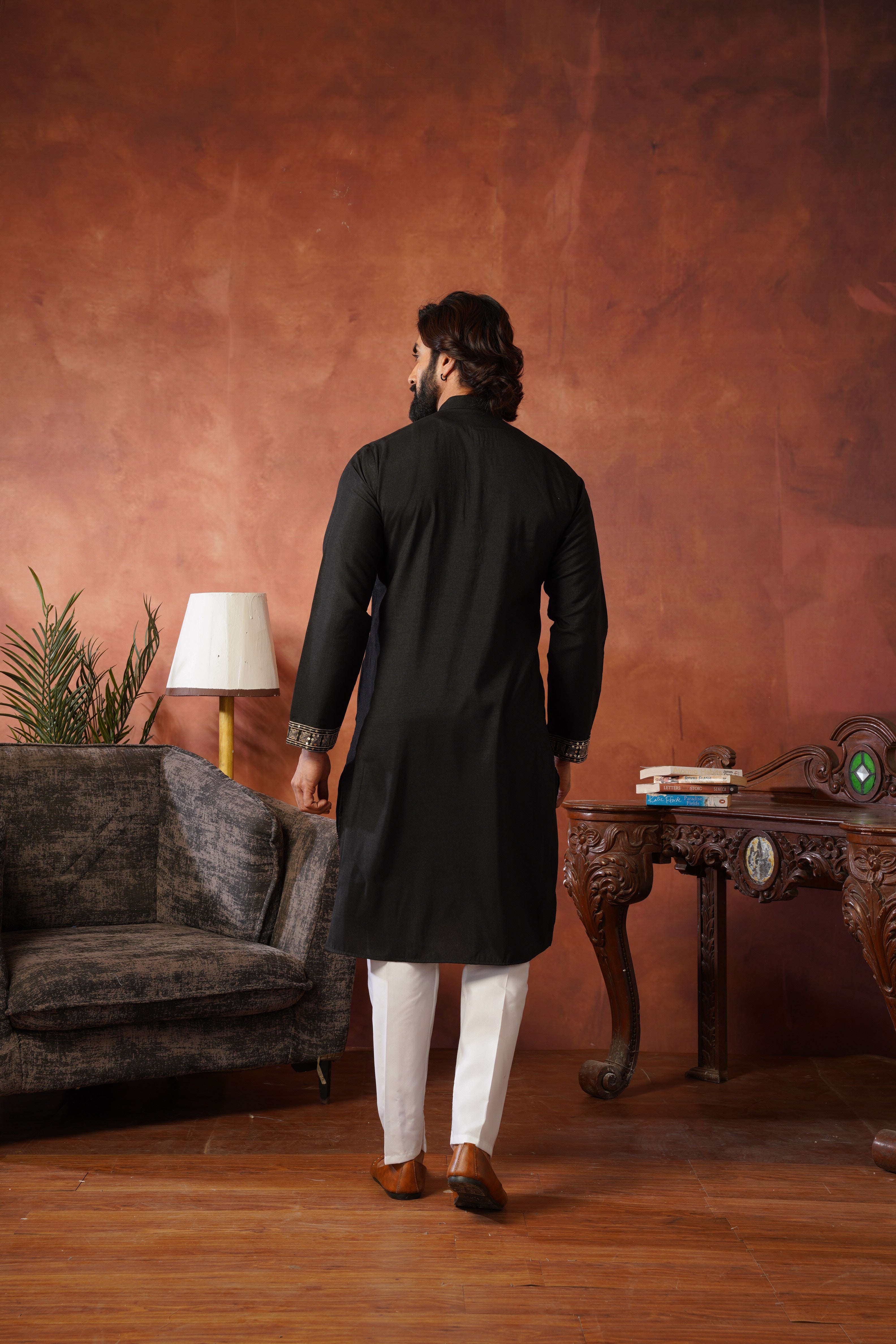 Black Heritage Patchwork & Gold Embellished Kurta Set for Men