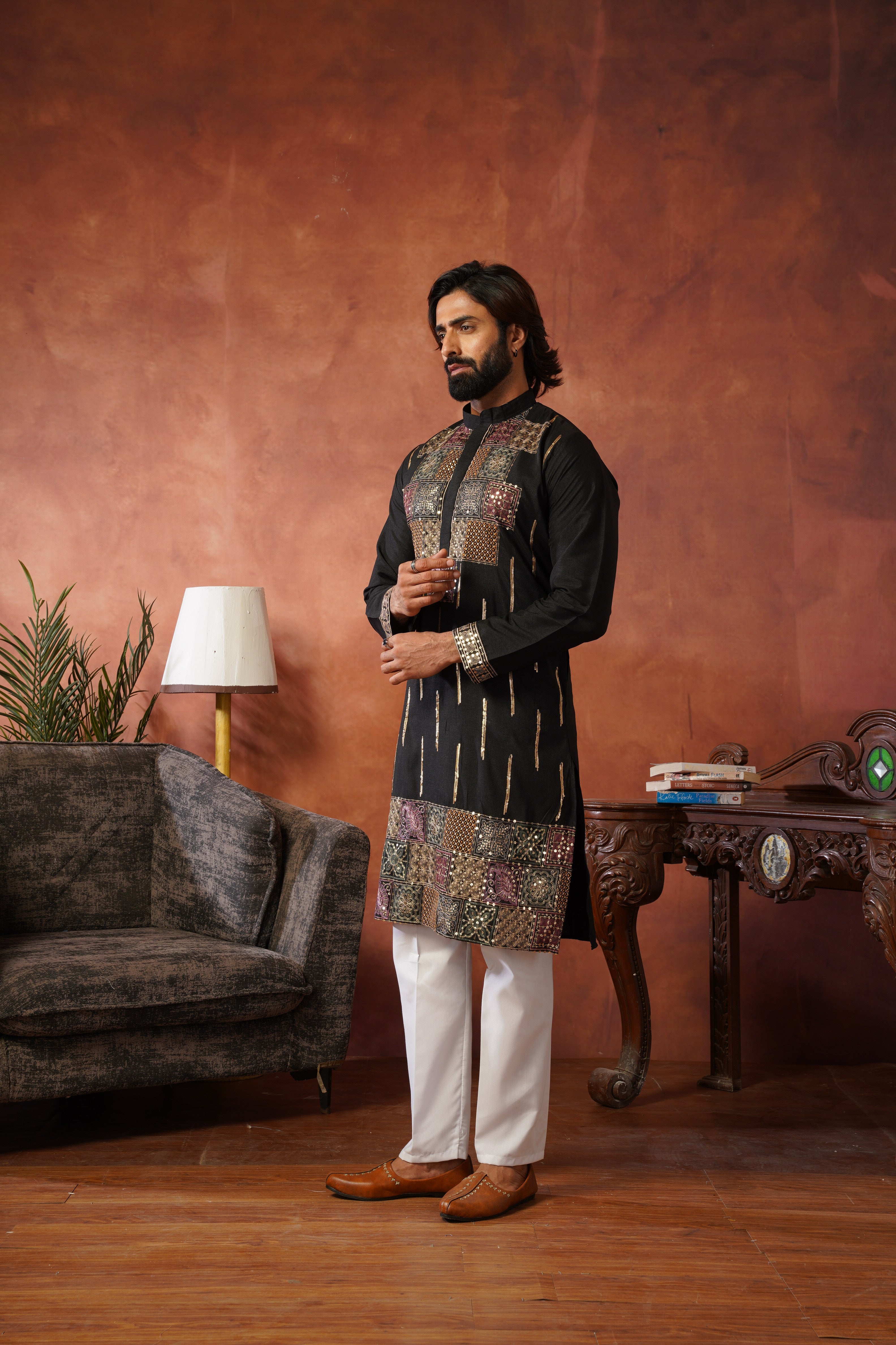 Black Heritage Patchwork & Gold Embellished Kurta Set for Men