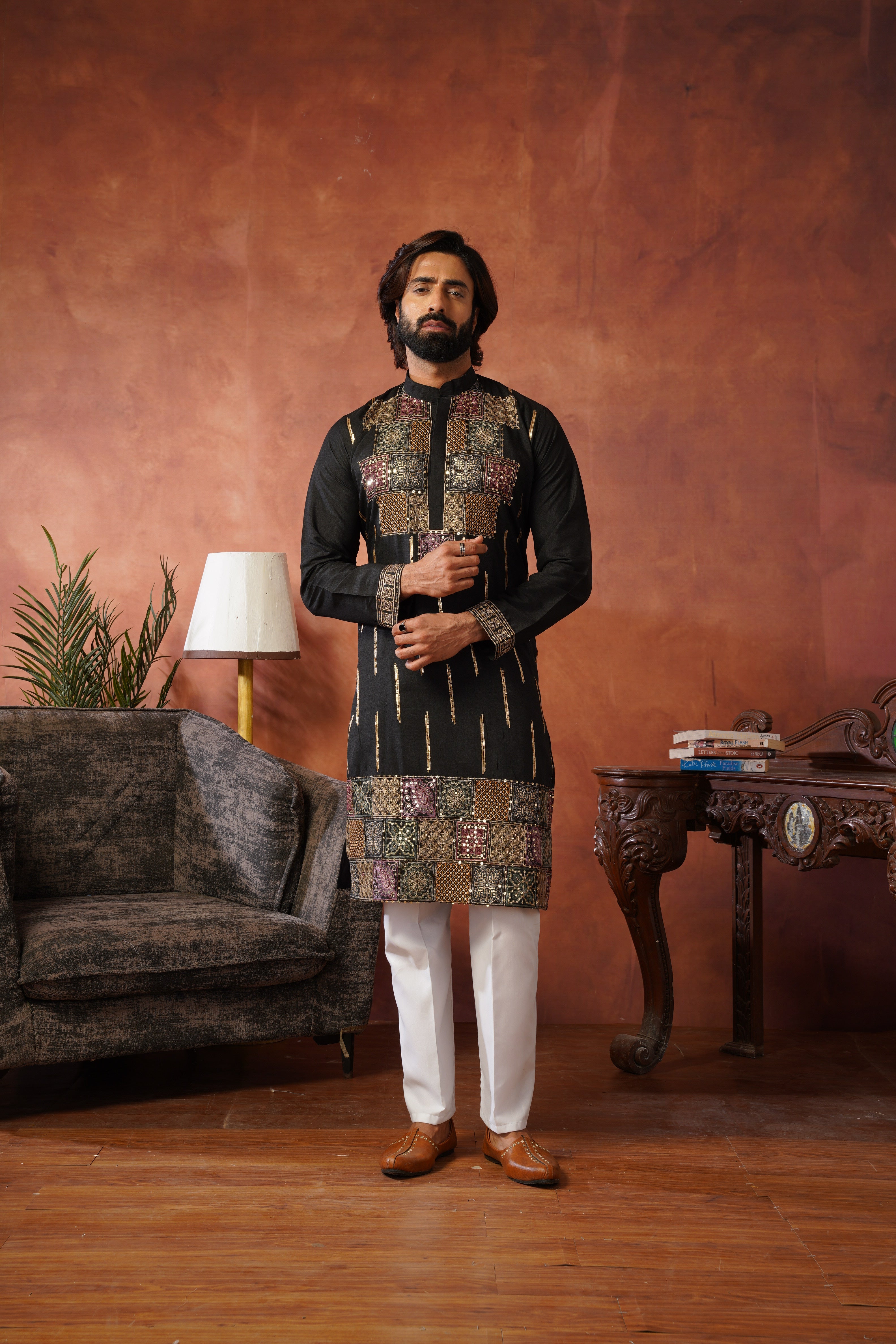 Black Heritage Patchwork & Gold Embellished Kurta Set for Men