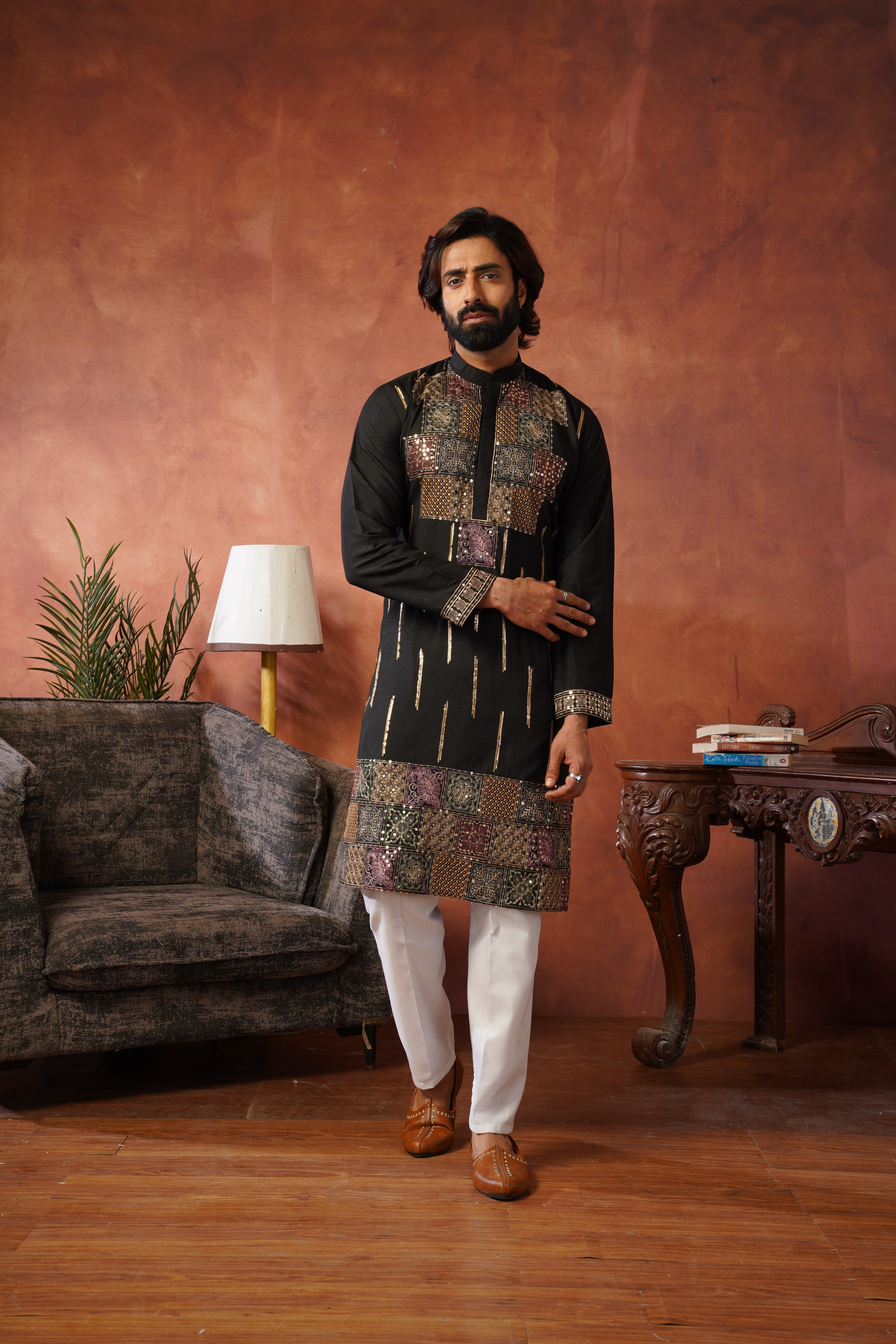 Black Heritage Patchwork & Gold Embellished Kurta Set for Men