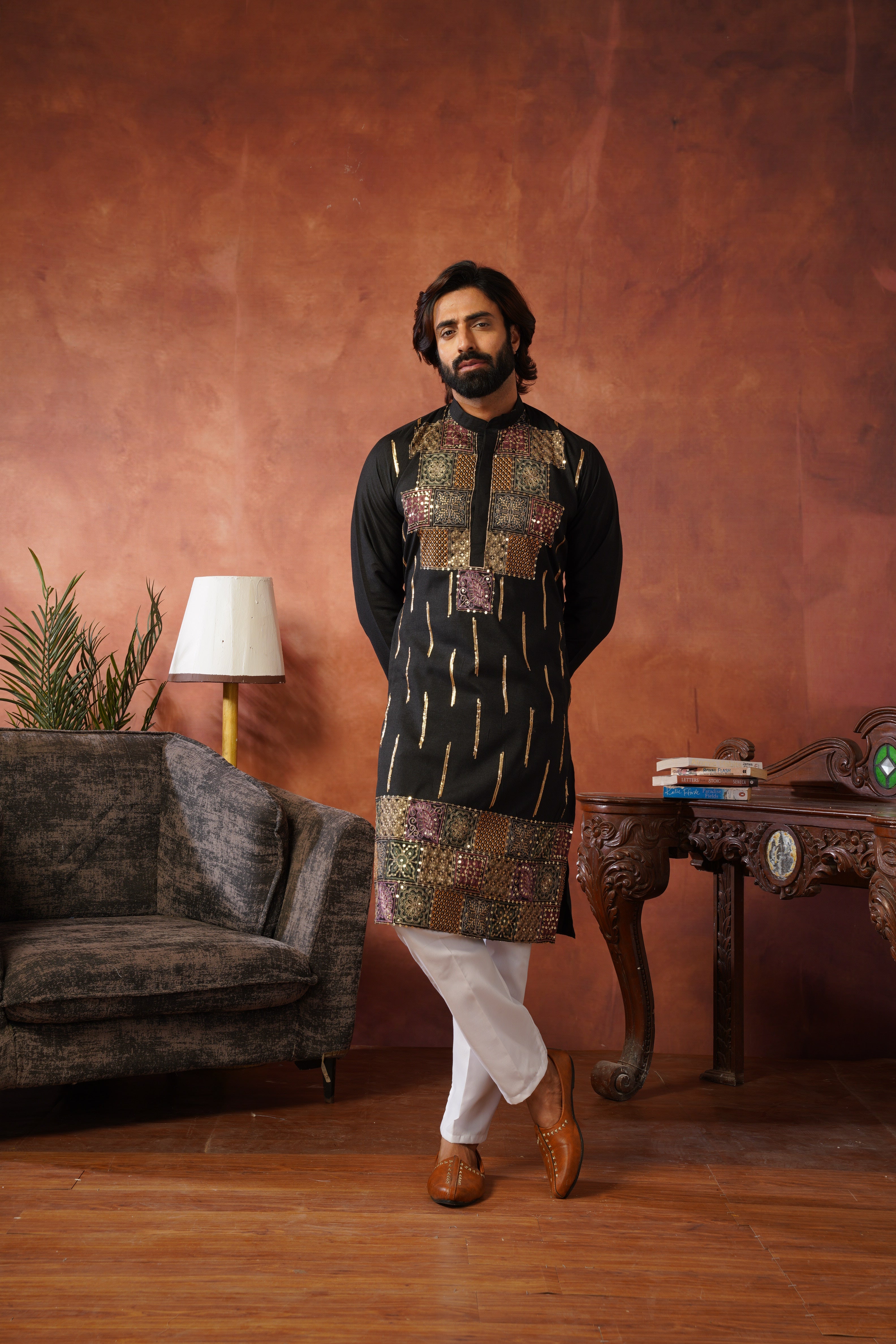 Black Heritage Patchwork & Gold Embellished Kurta Set for Men