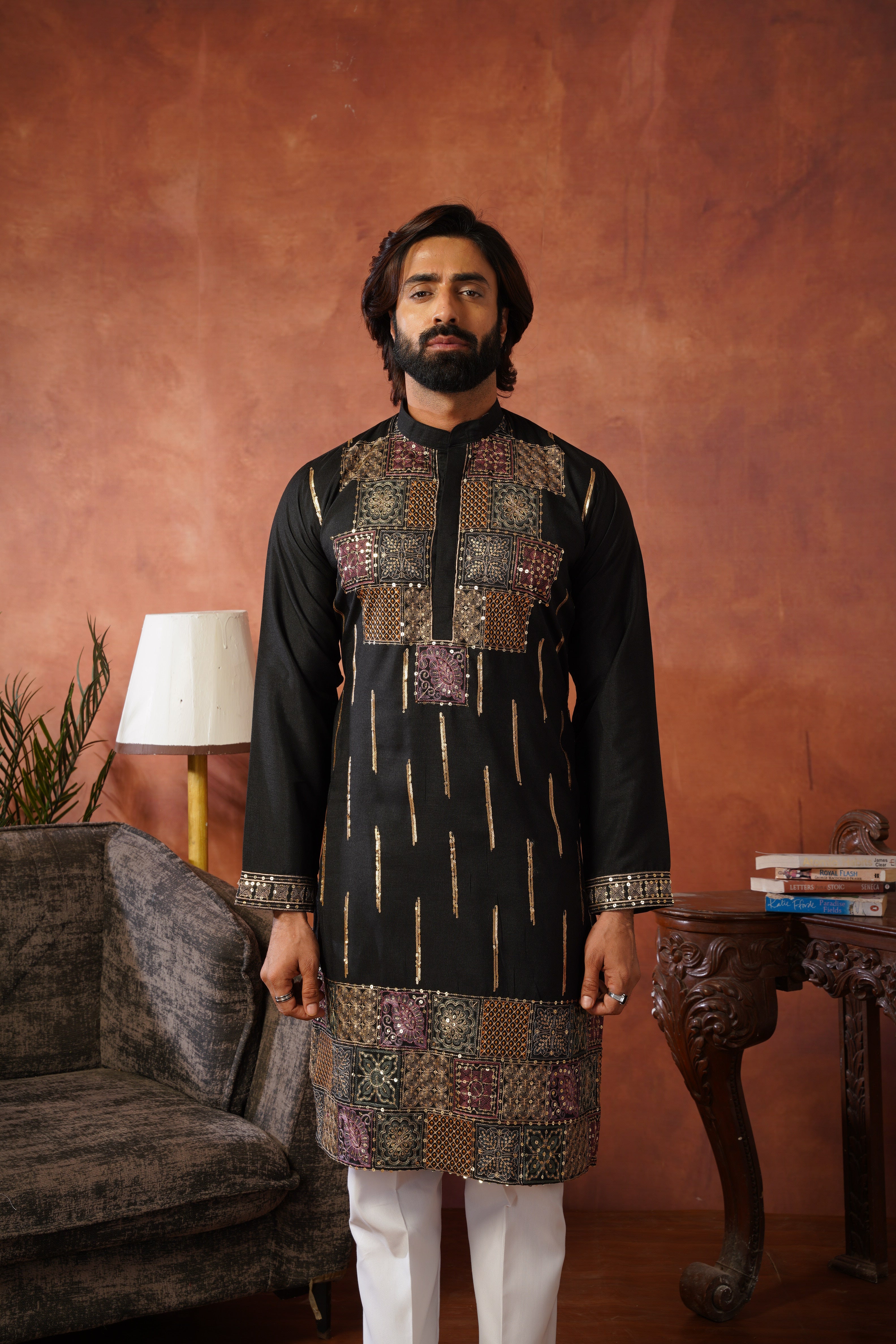 Black Heritage Patchwork & Gold Embellished Kurta Set for Men