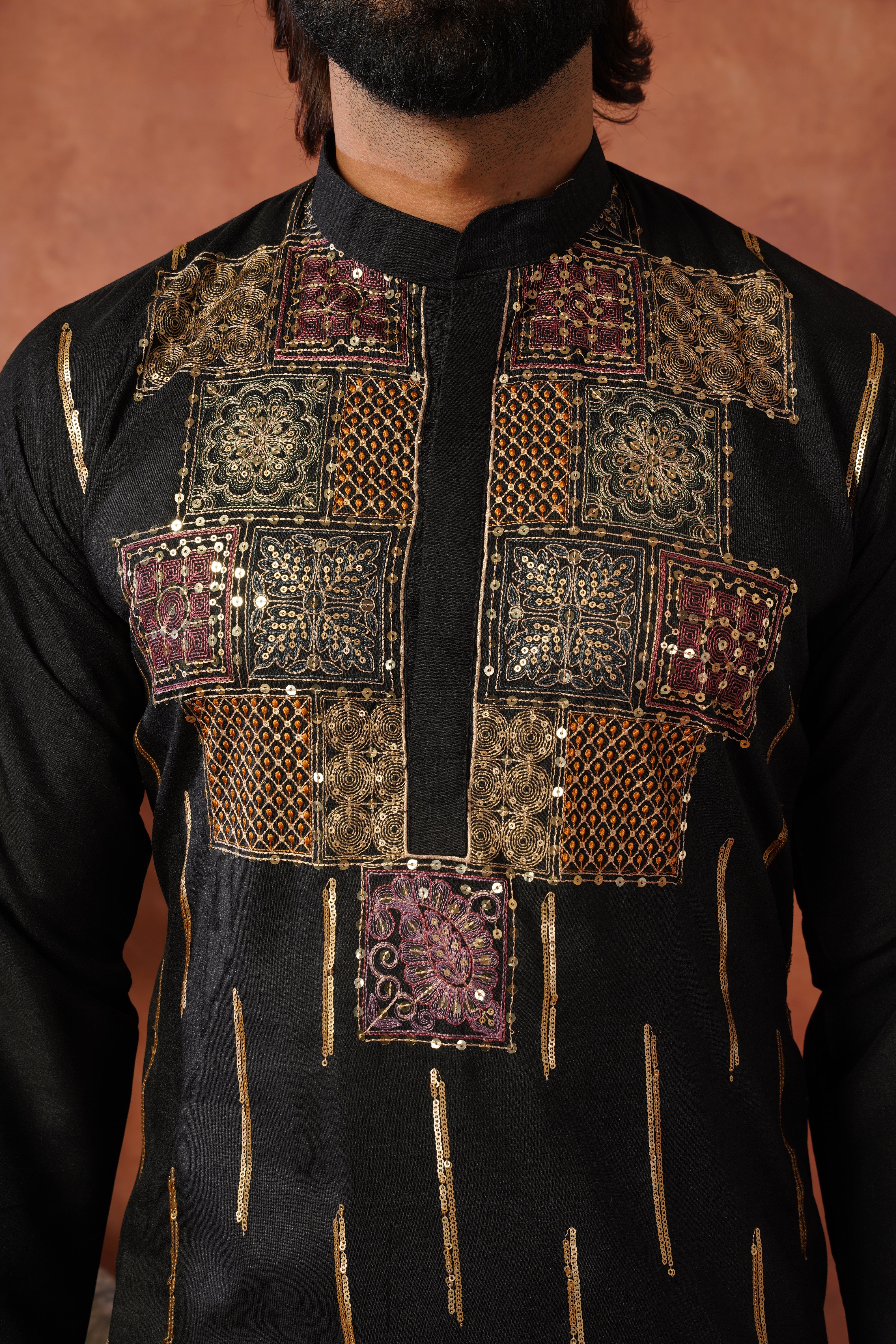 Black Heritage Patchwork & Gold Embellished Kurta Set for Men
