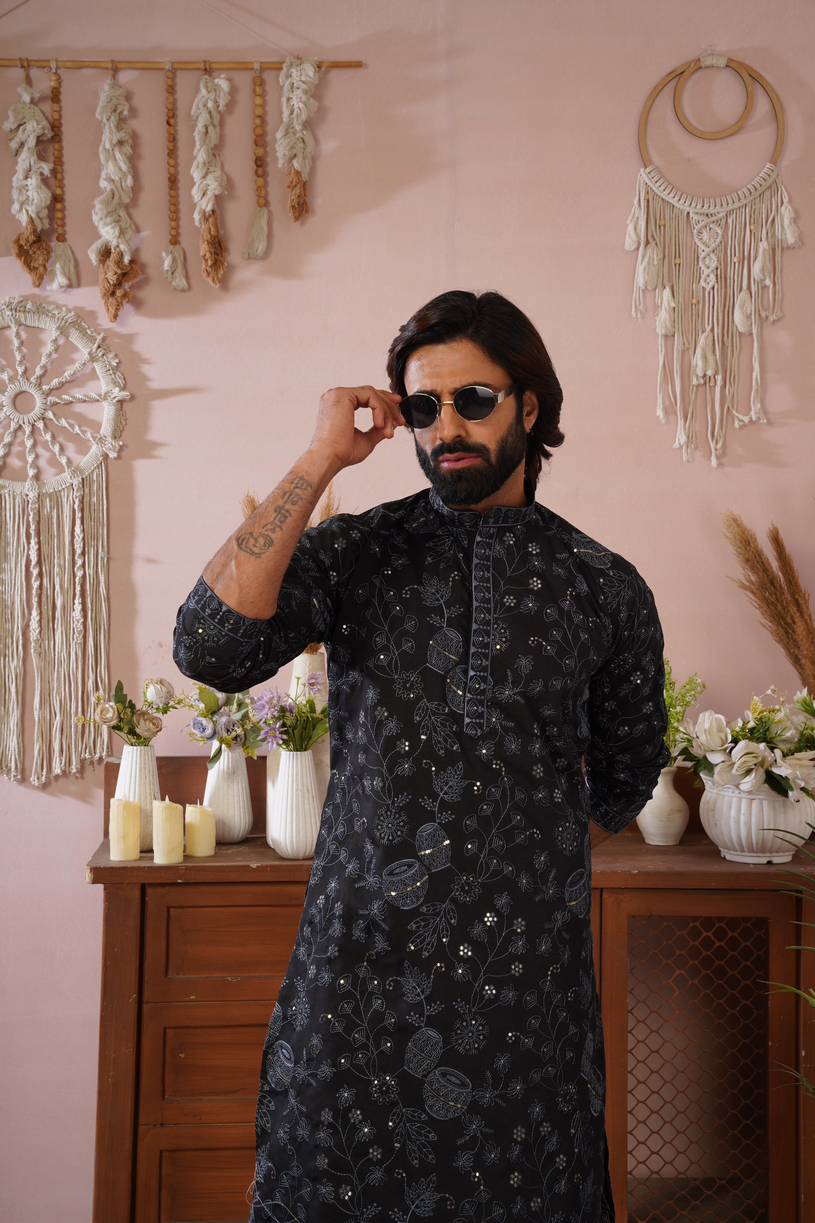 Black Heritage Embroidered Kurta Set