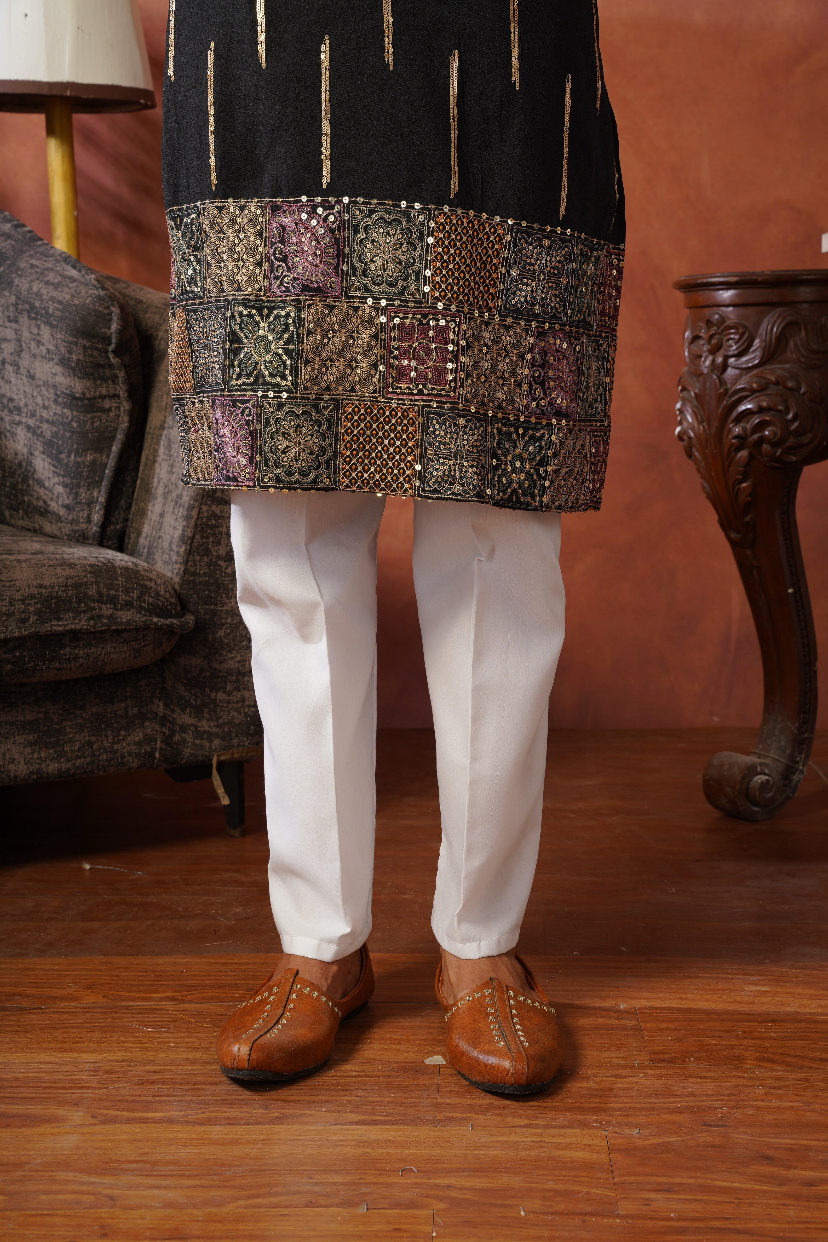 Black Heritage Patchwork & Gold Embellished Kurta Set for Men