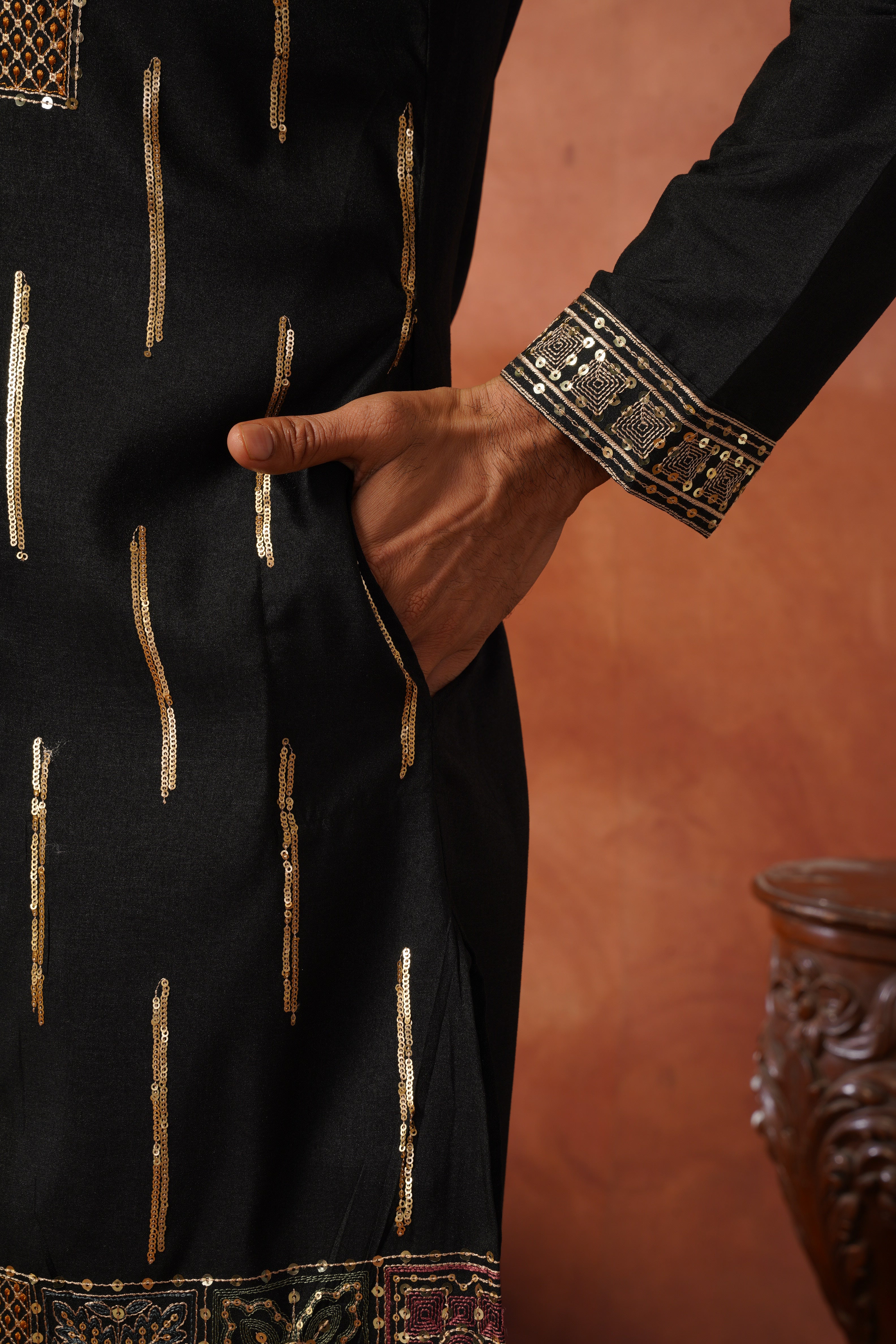 Black Heritage Patchwork & Gold Embellished Kurta Set for Men