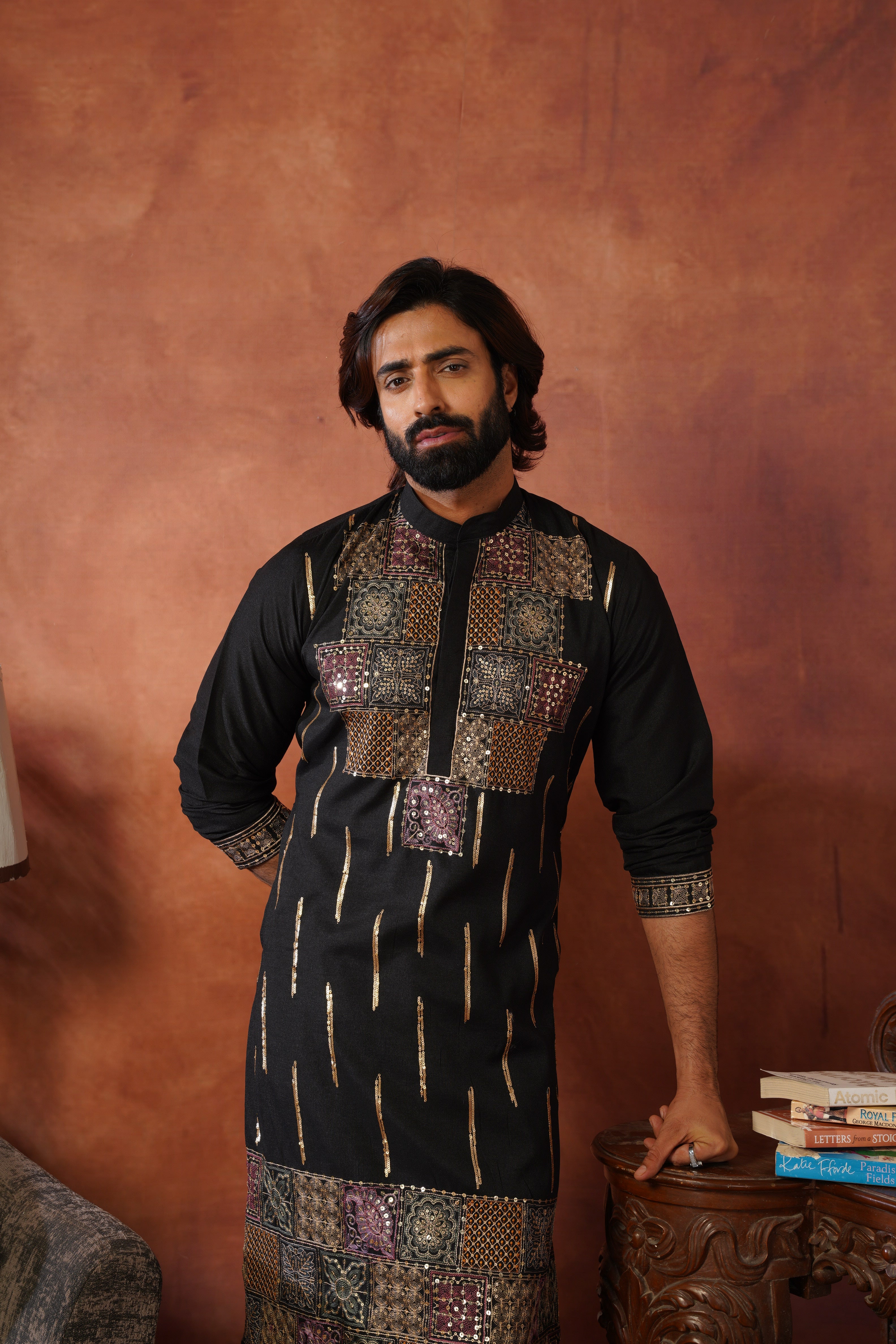 Black Heritage Patchwork & Gold Embellished Kurta Set for Men
