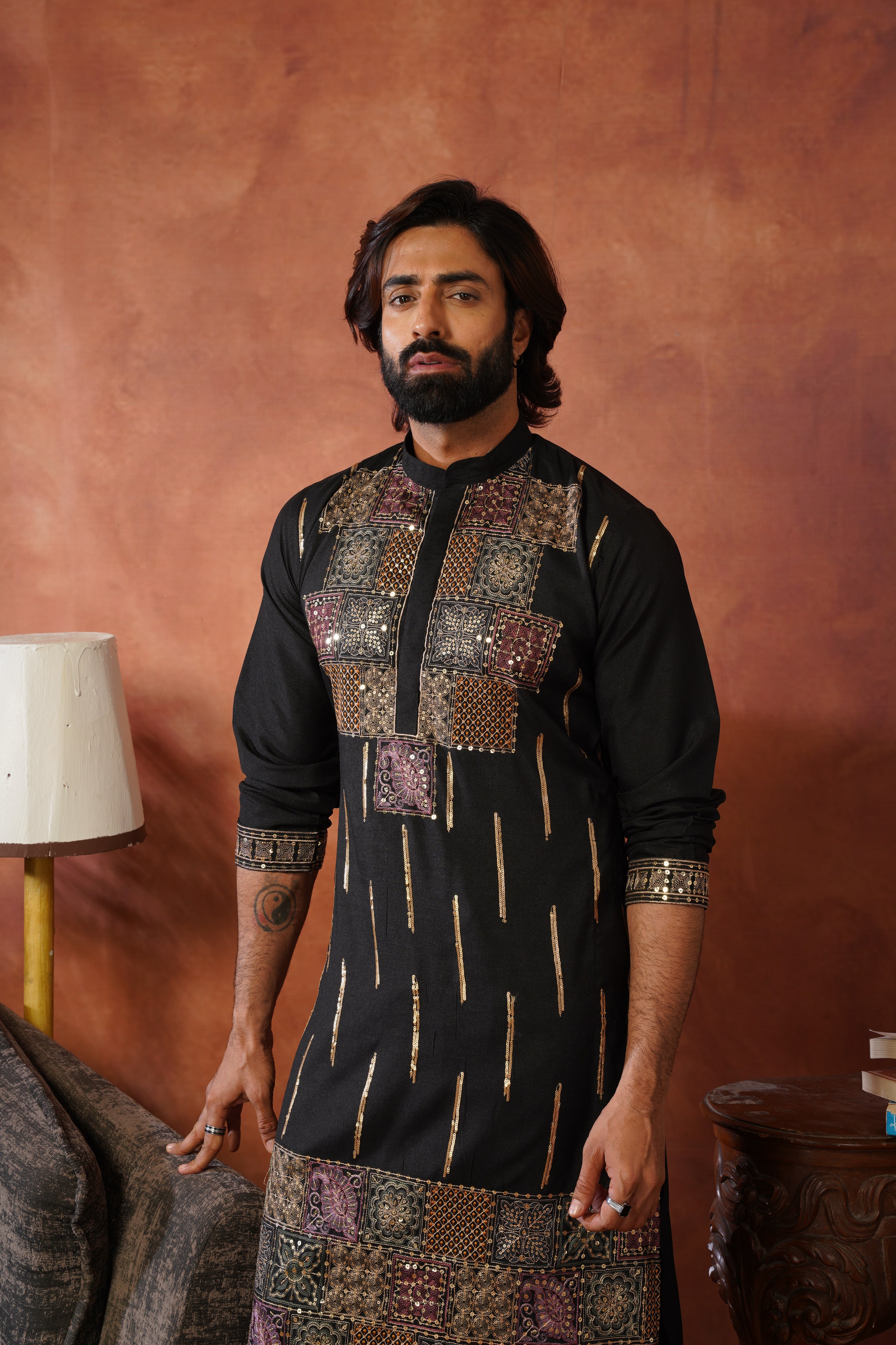 Black Heritage Patchwork & Gold Embellished Kurta Set for Men