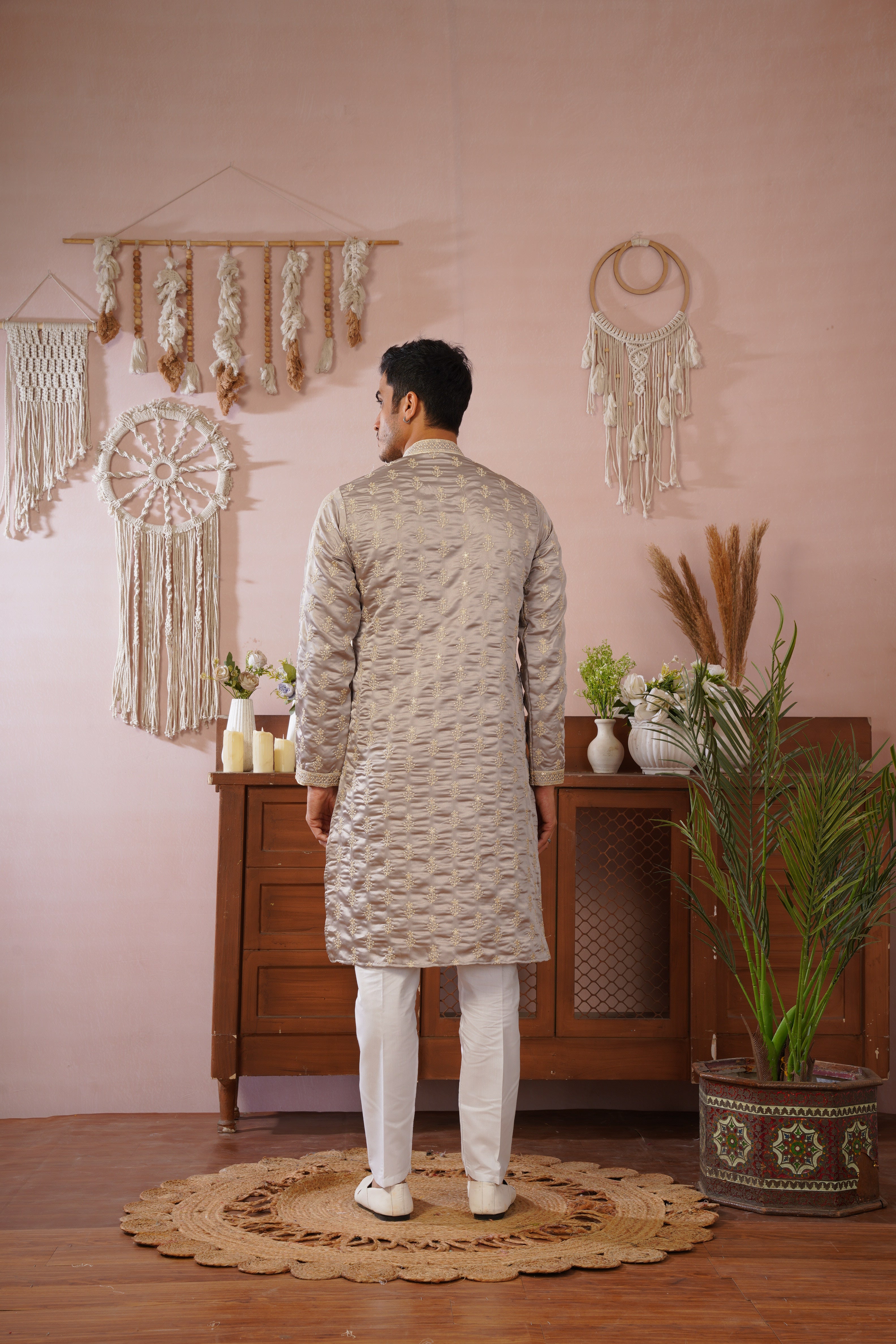 Grey Sequin-Embroidered Kurta set with gold detailing