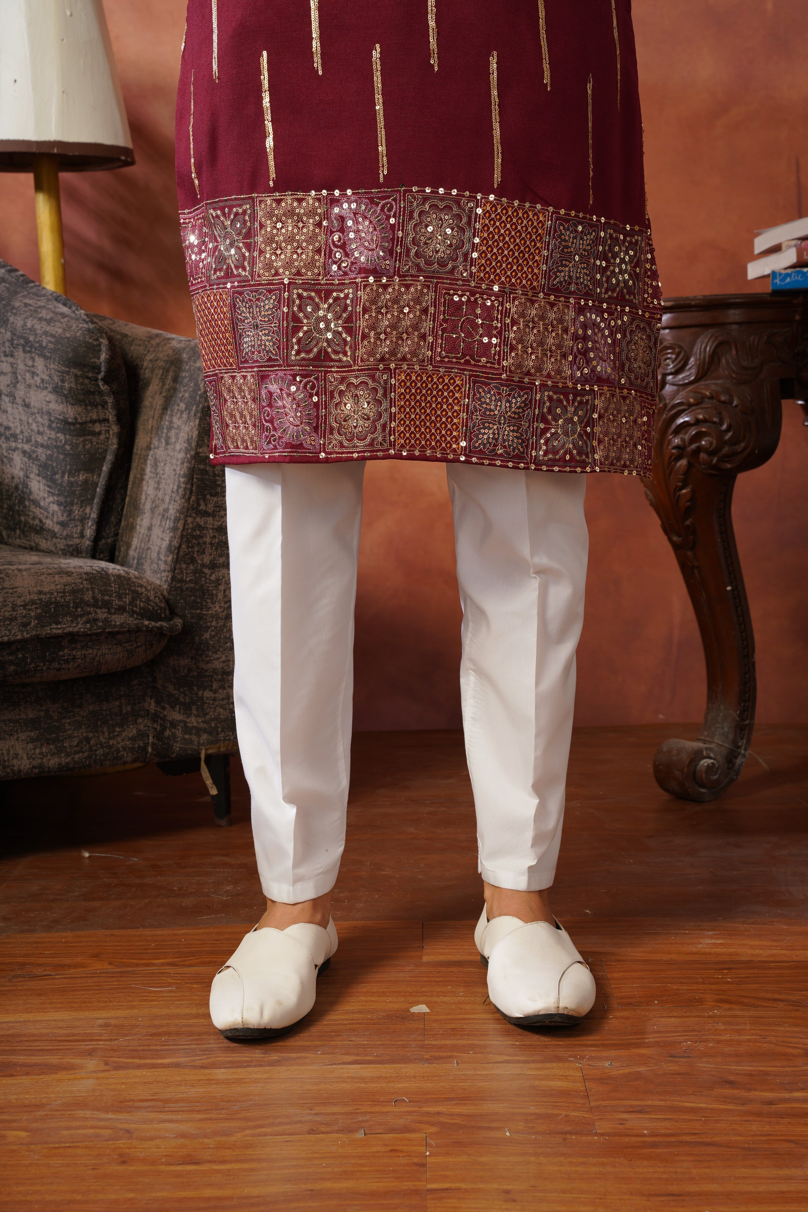 Maroon Heritage Patchwork & Gold Embellished Kurta Set for Men