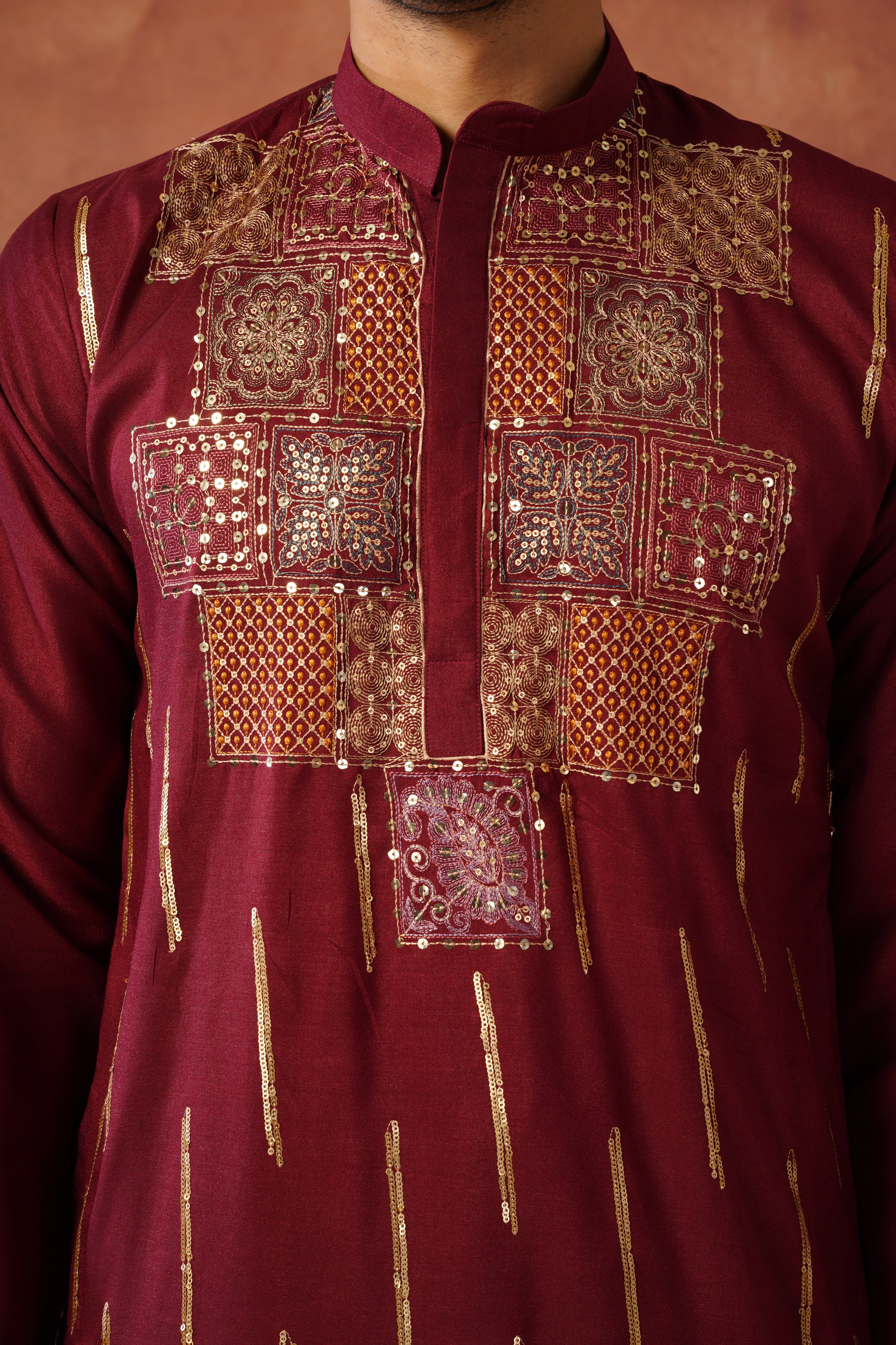 Maroon Heritage Patchwork & Gold Embellished Kurta Set for Men