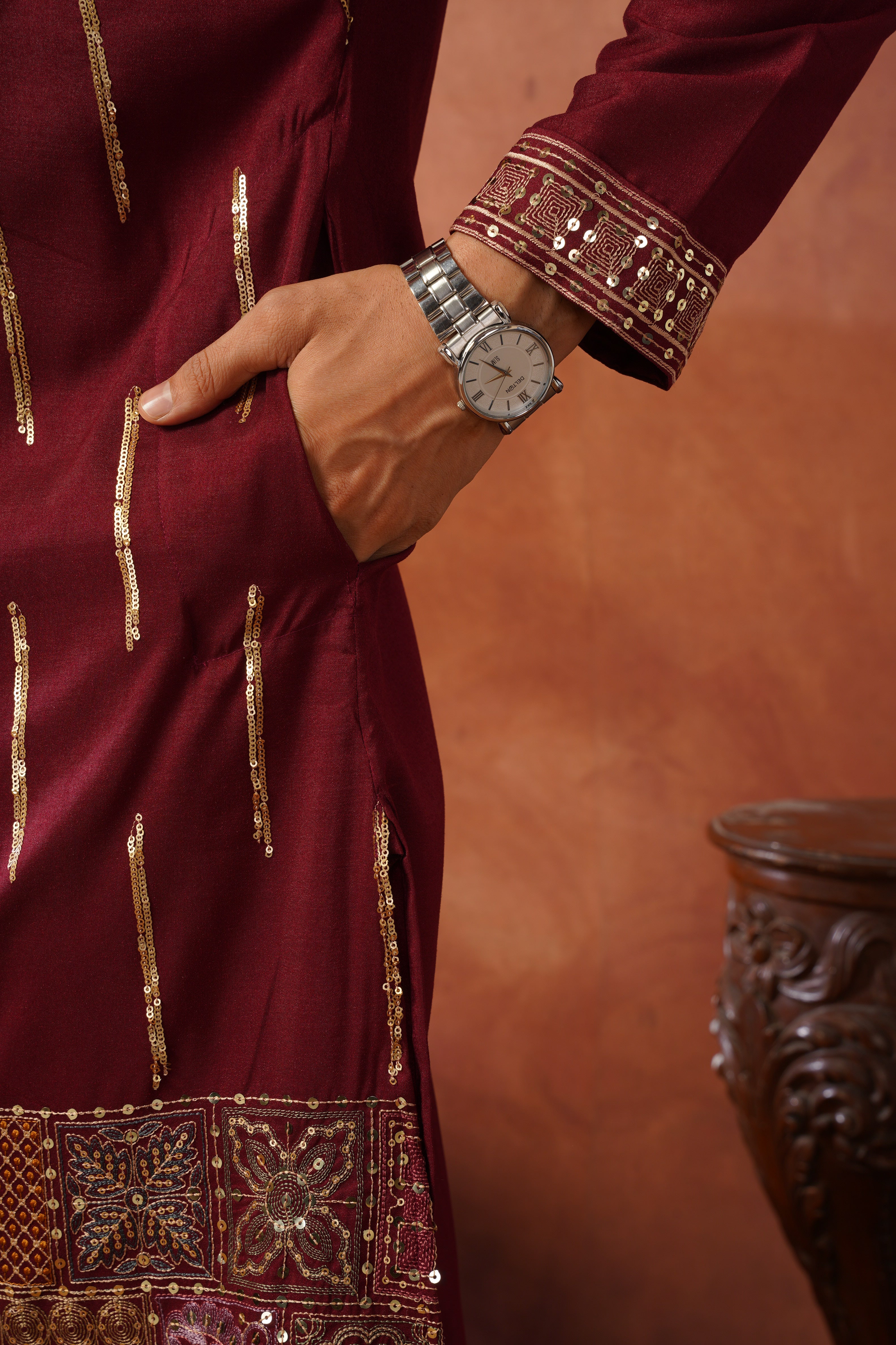 Maroon Heritage Patchwork & Gold Embellished Kurta Set for Men
