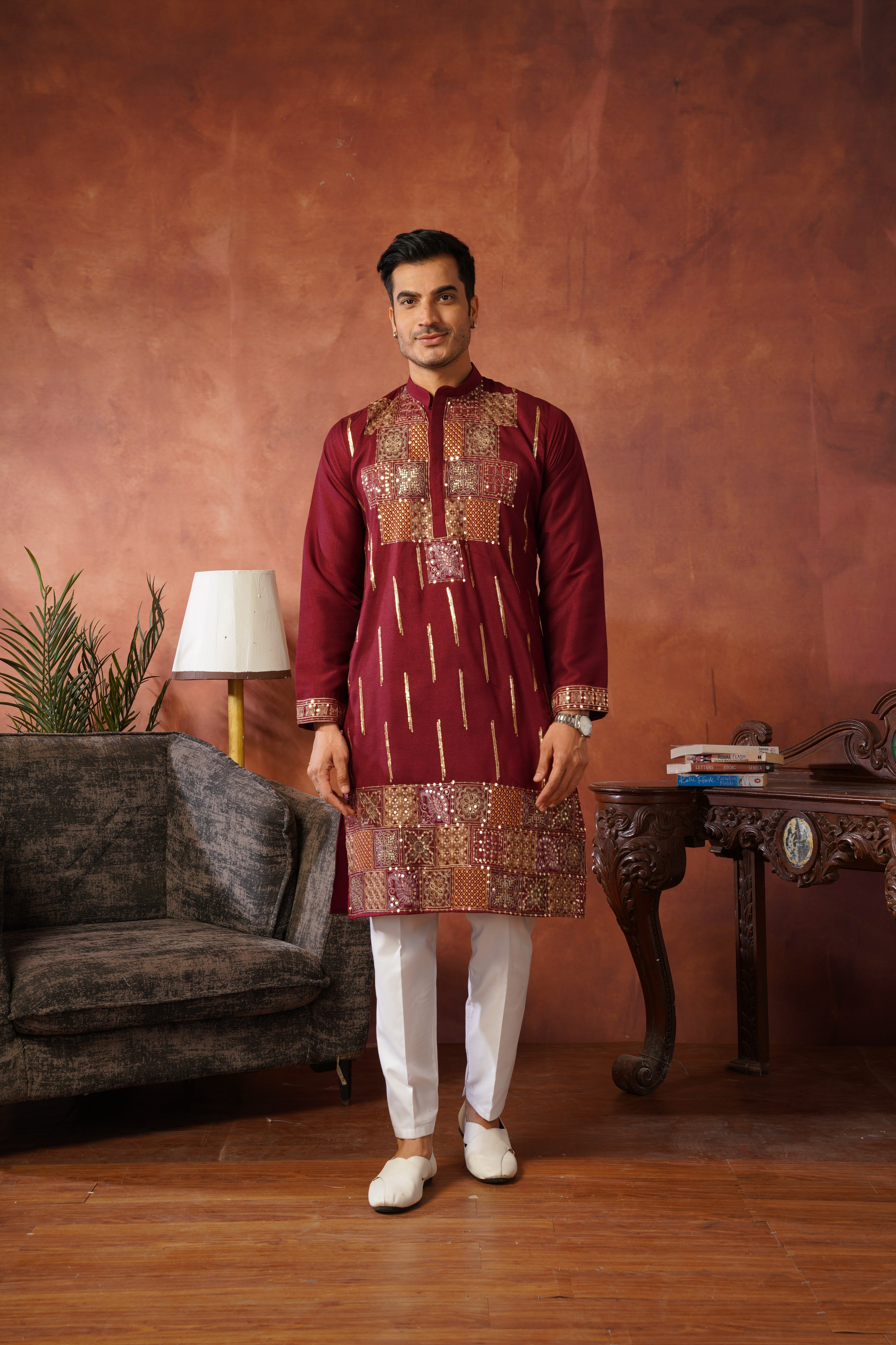 Maroon Heritage Patchwork & Gold Embellished Kurta Set for Men