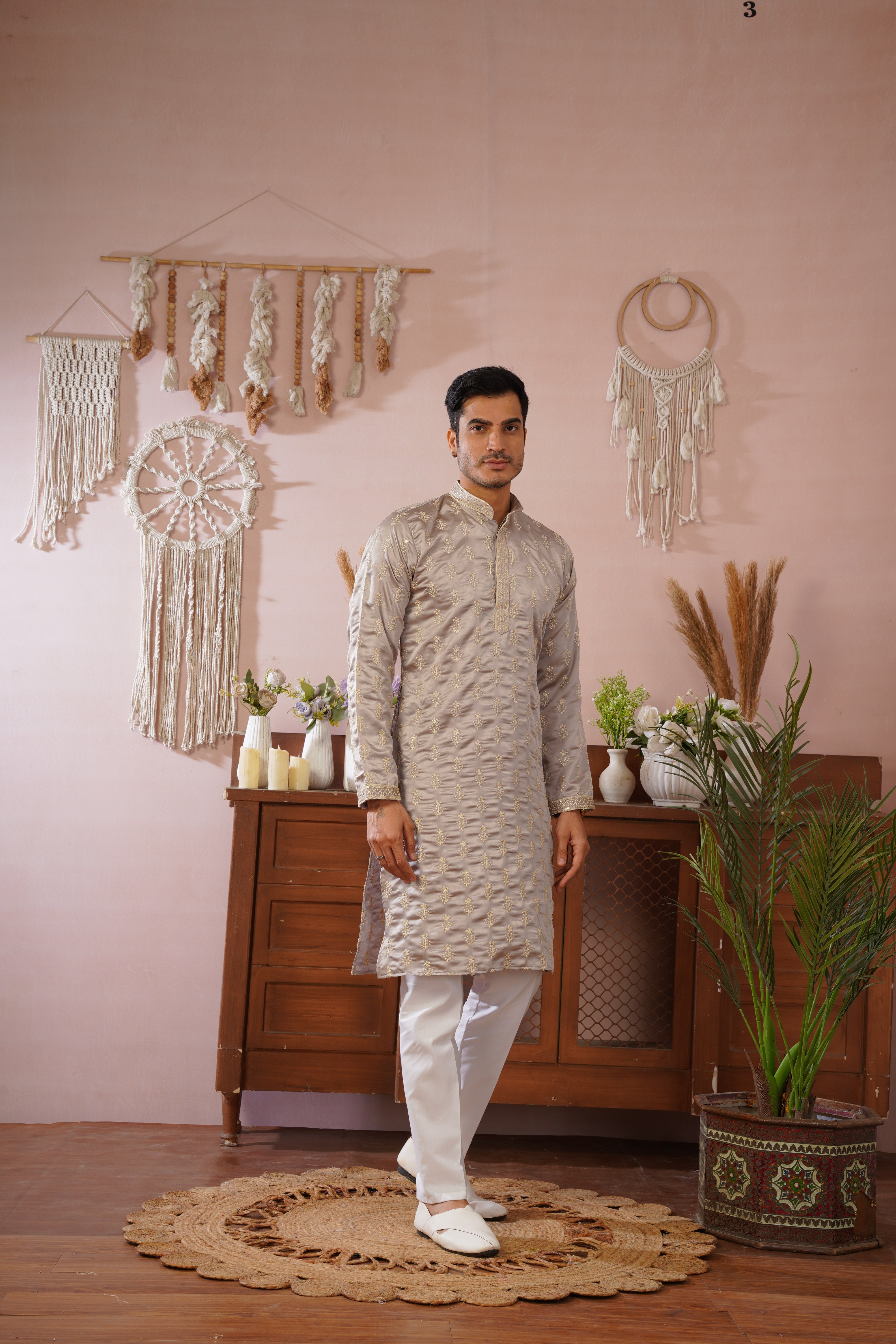 Grey Sequin-Embroidered Kurta set with gold detailing