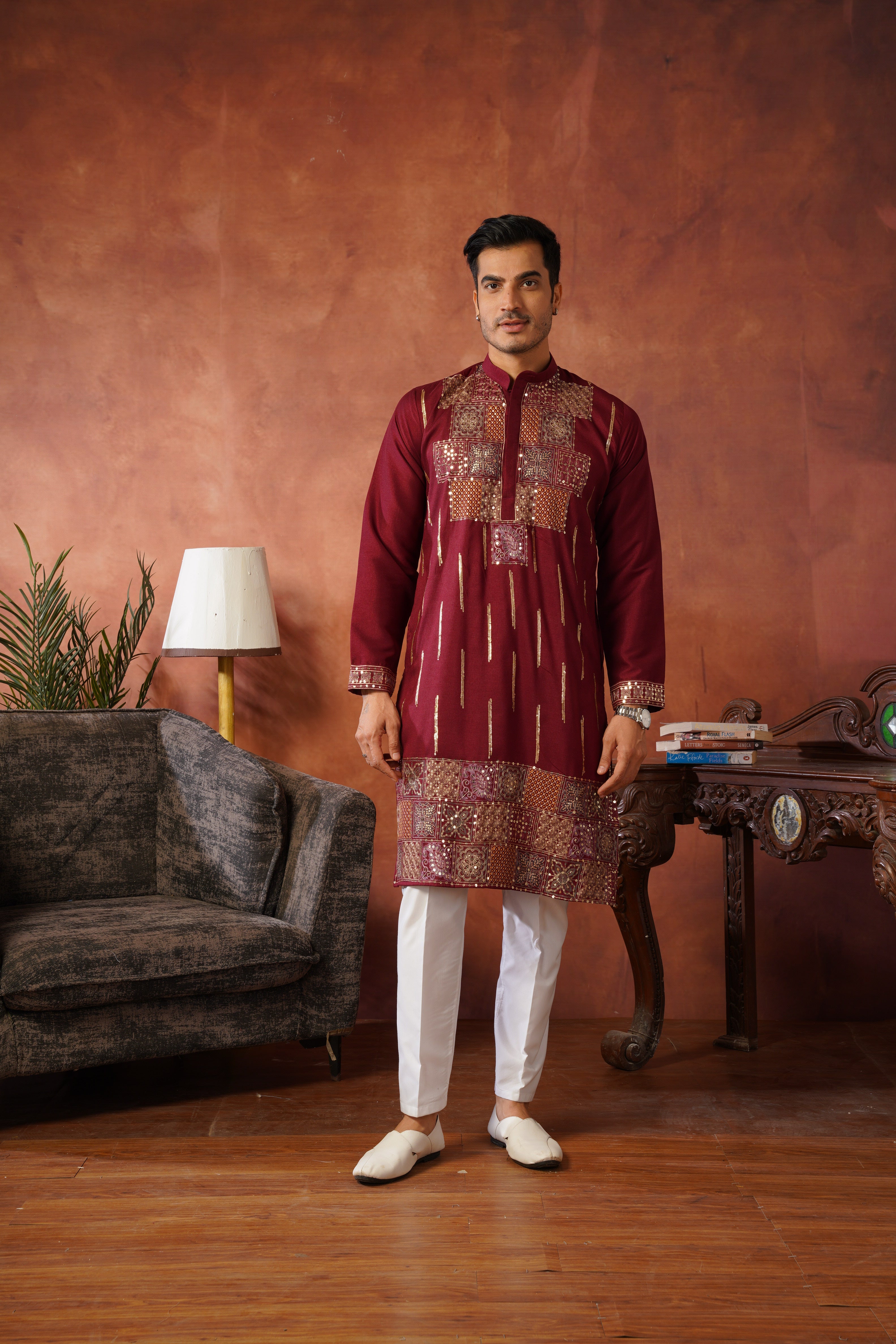 Maroon Heritage Patchwork & Gold Embellished Kurta Set for Men