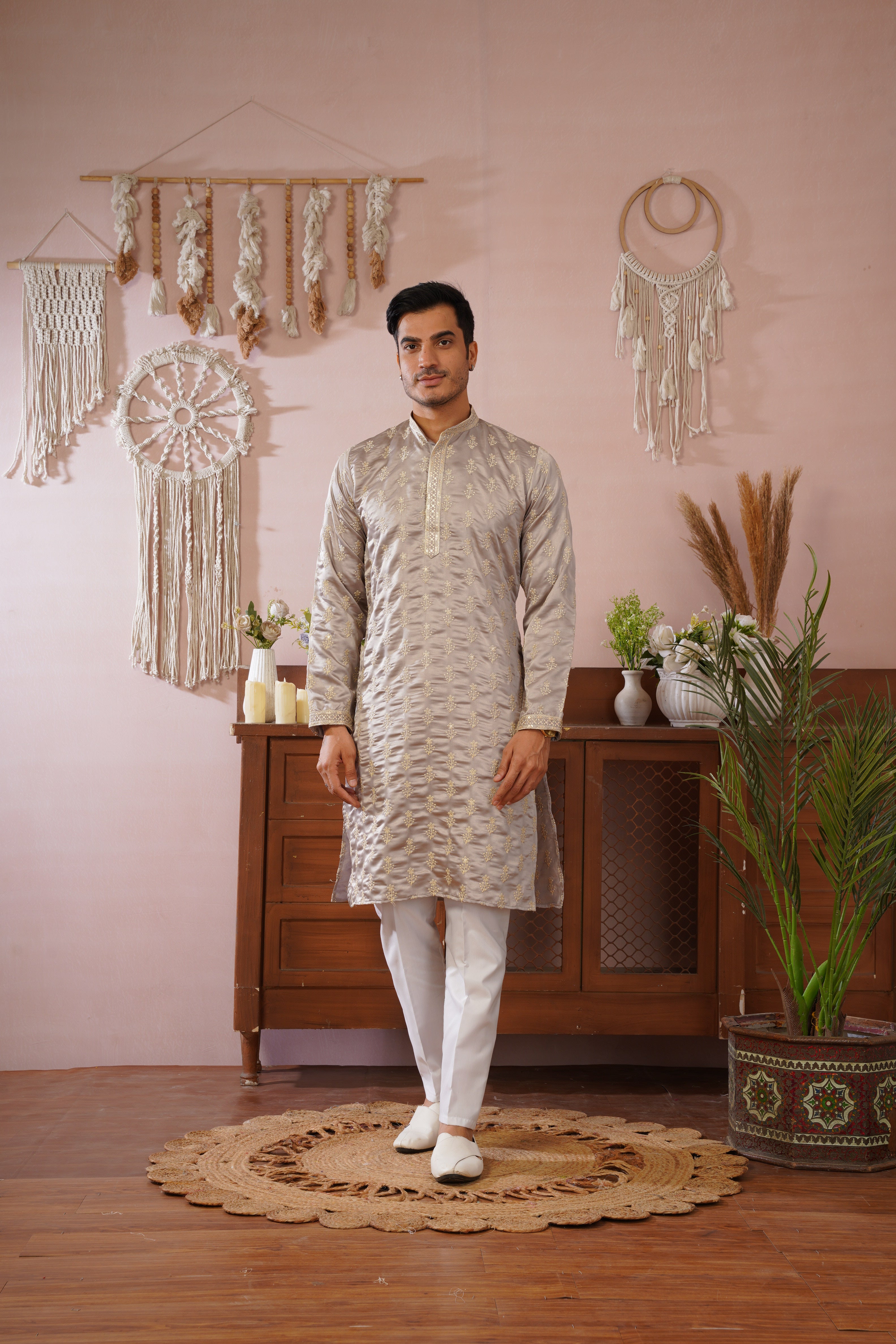 Grey Sequin-Embroidered Kurta set with gold detailing