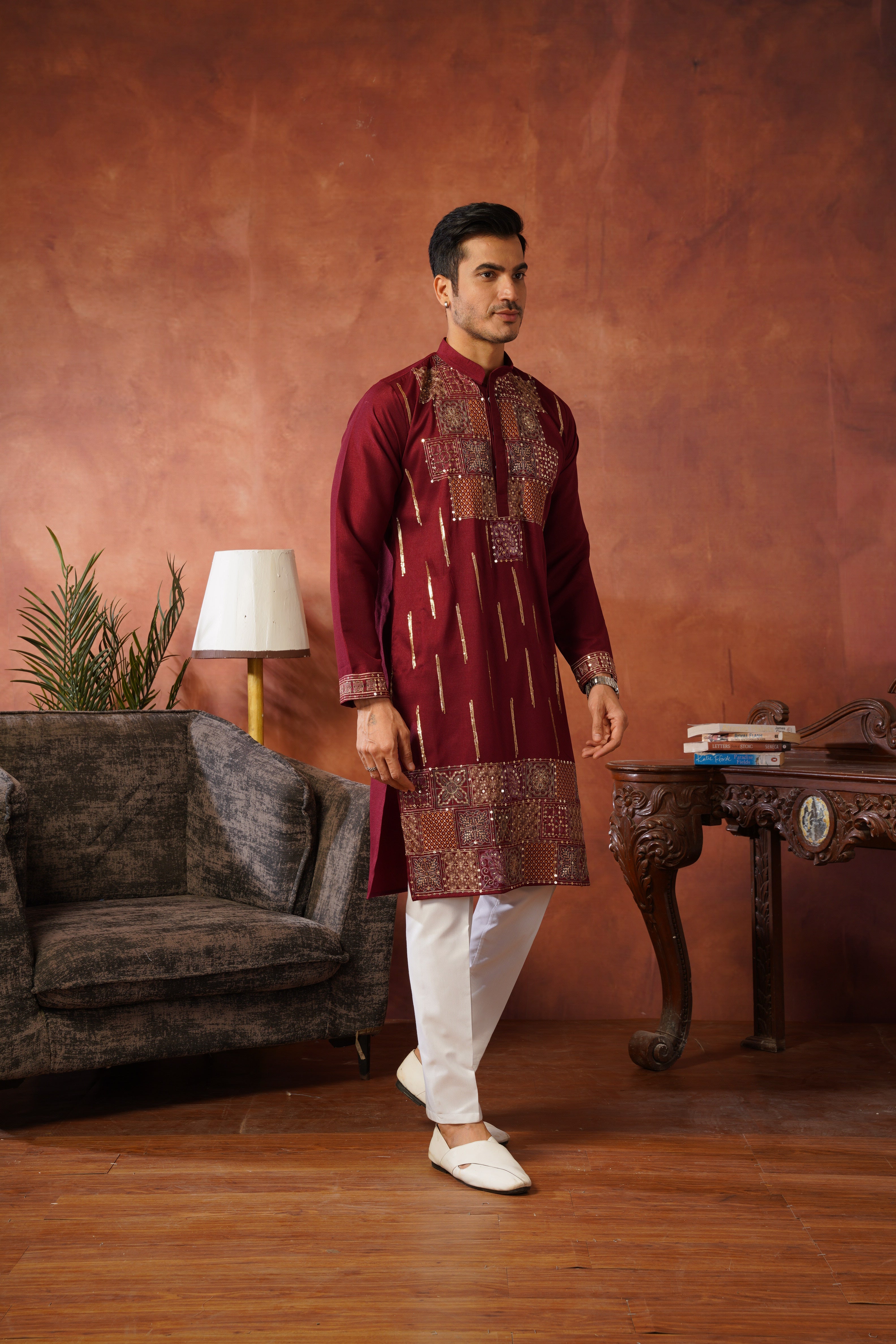 Maroon Heritage Patchwork & Gold Embellished Kurta Set for Men