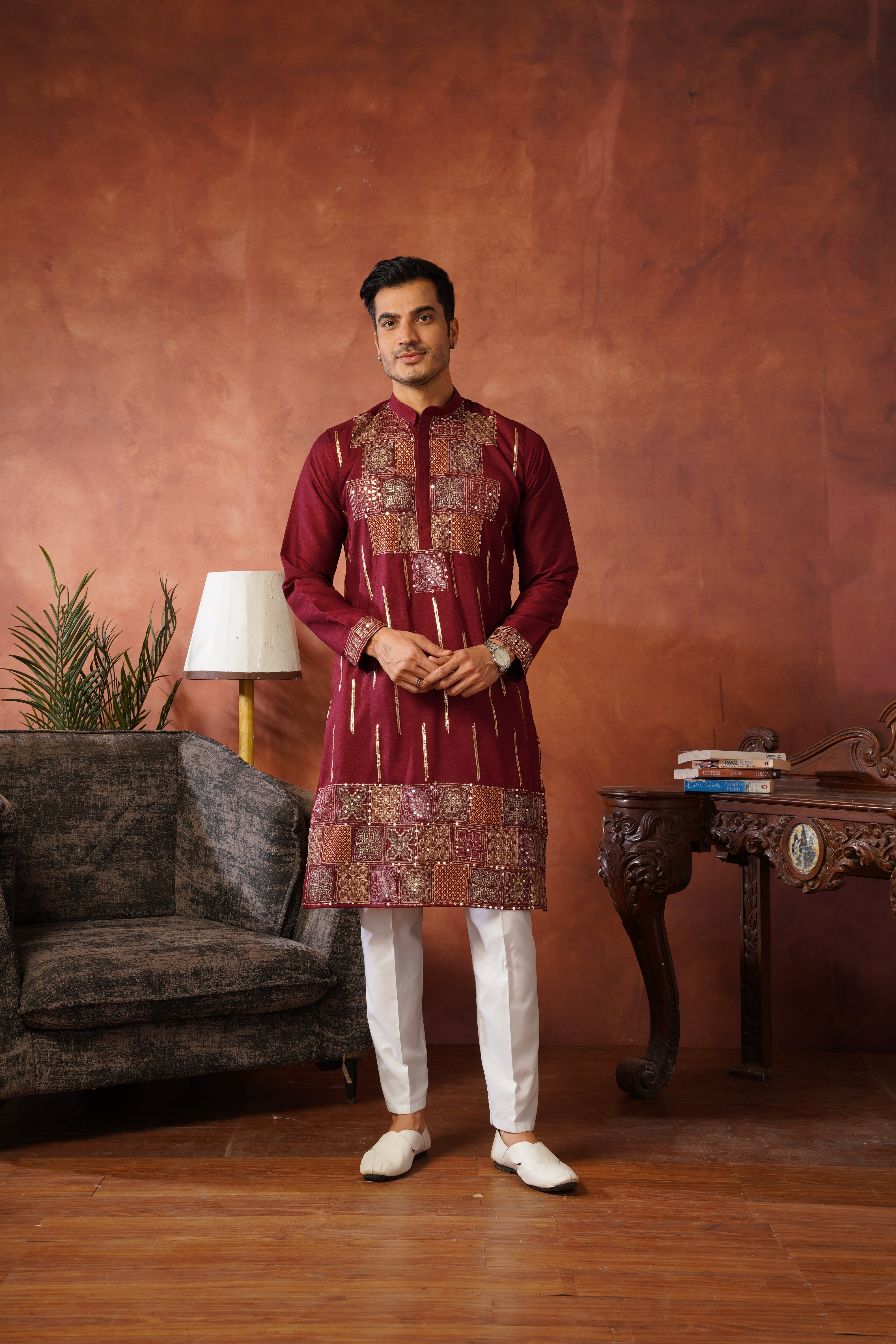 Maroon Heritage Patchwork & Gold Embellished Kurta Set for Men