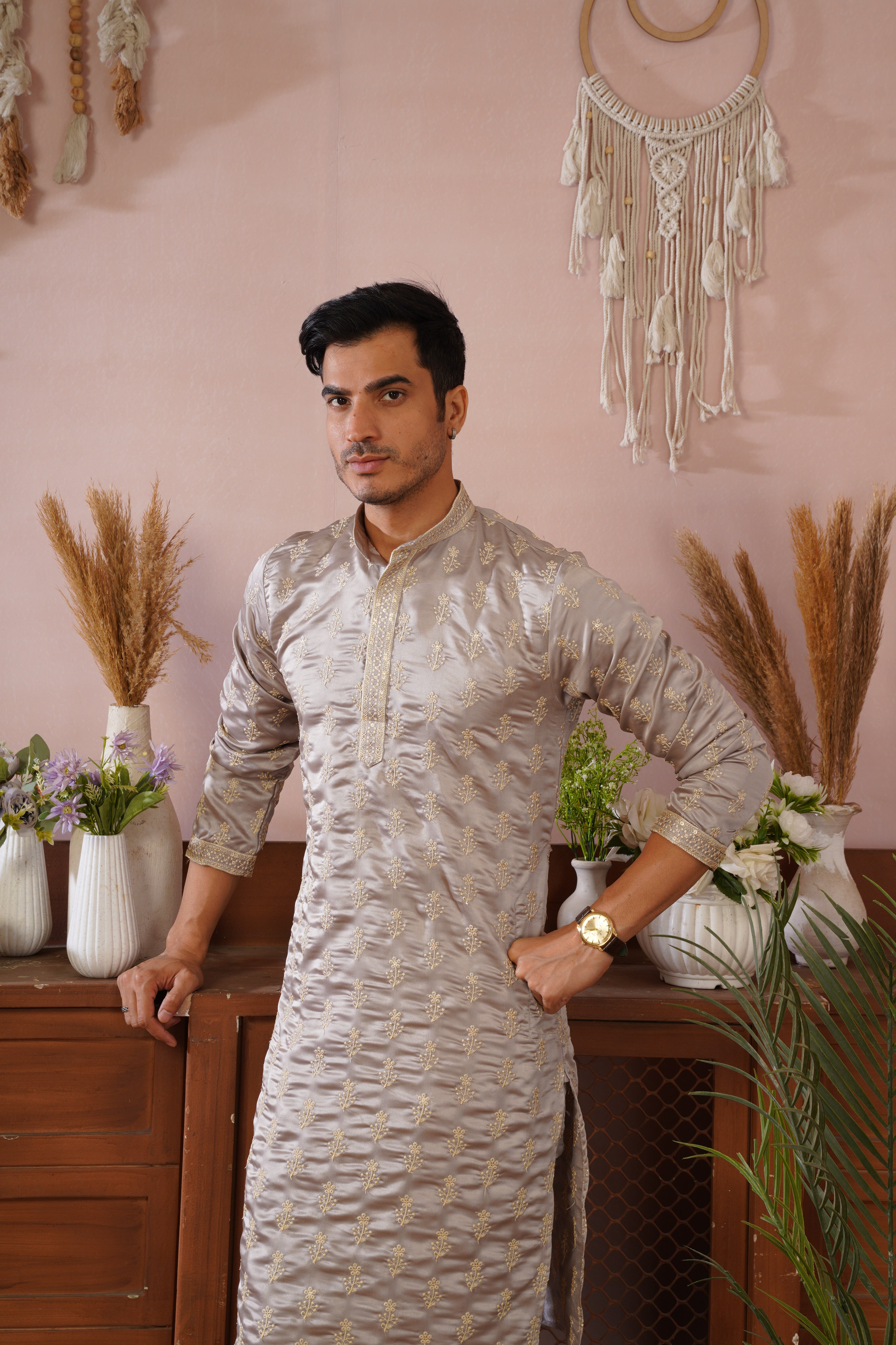 Grey Sequin-Embroidered Kurta set with gold detailing