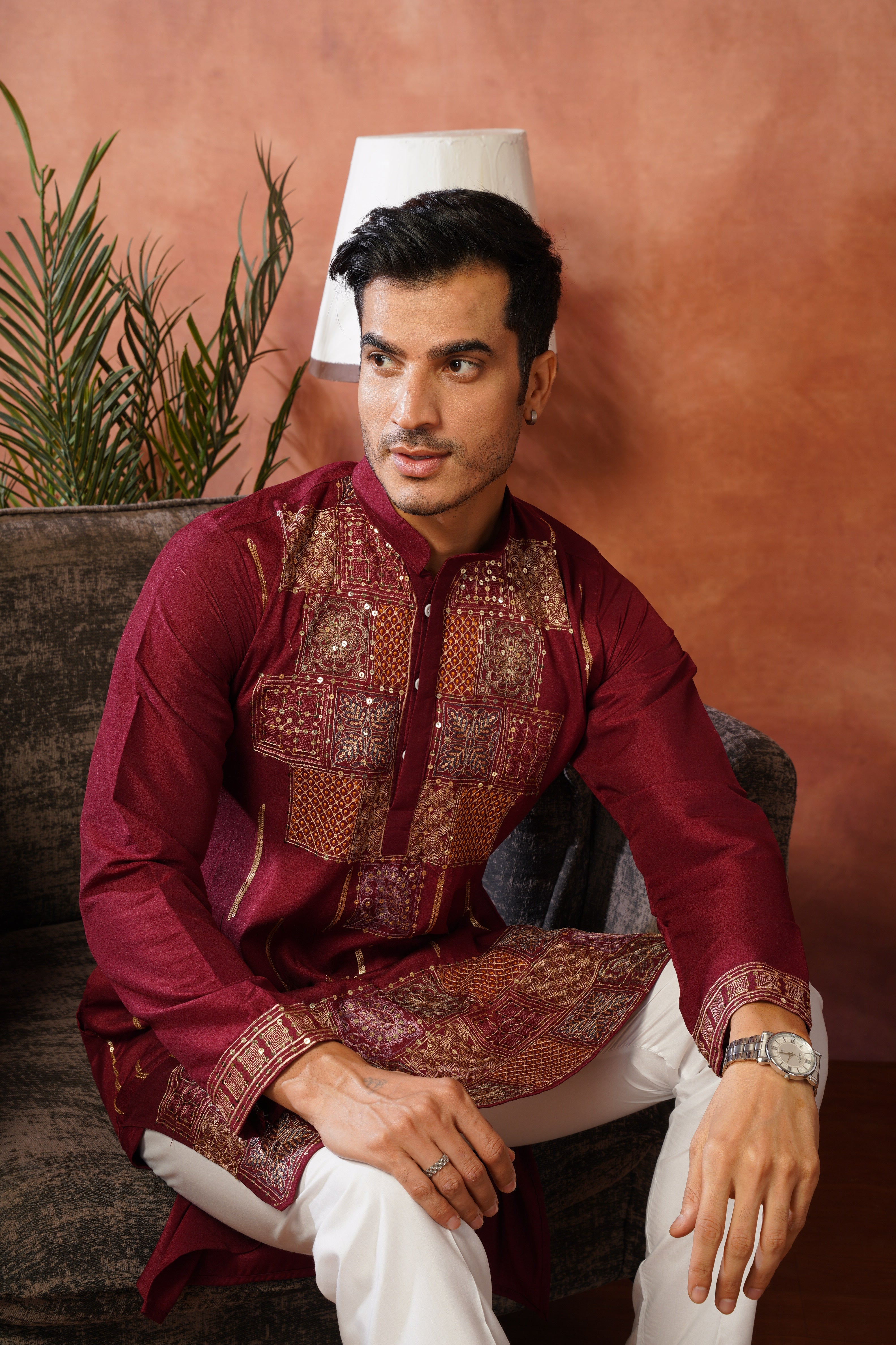 Maroon Heritage Patchwork & Gold Embellished Kurta Set for Men