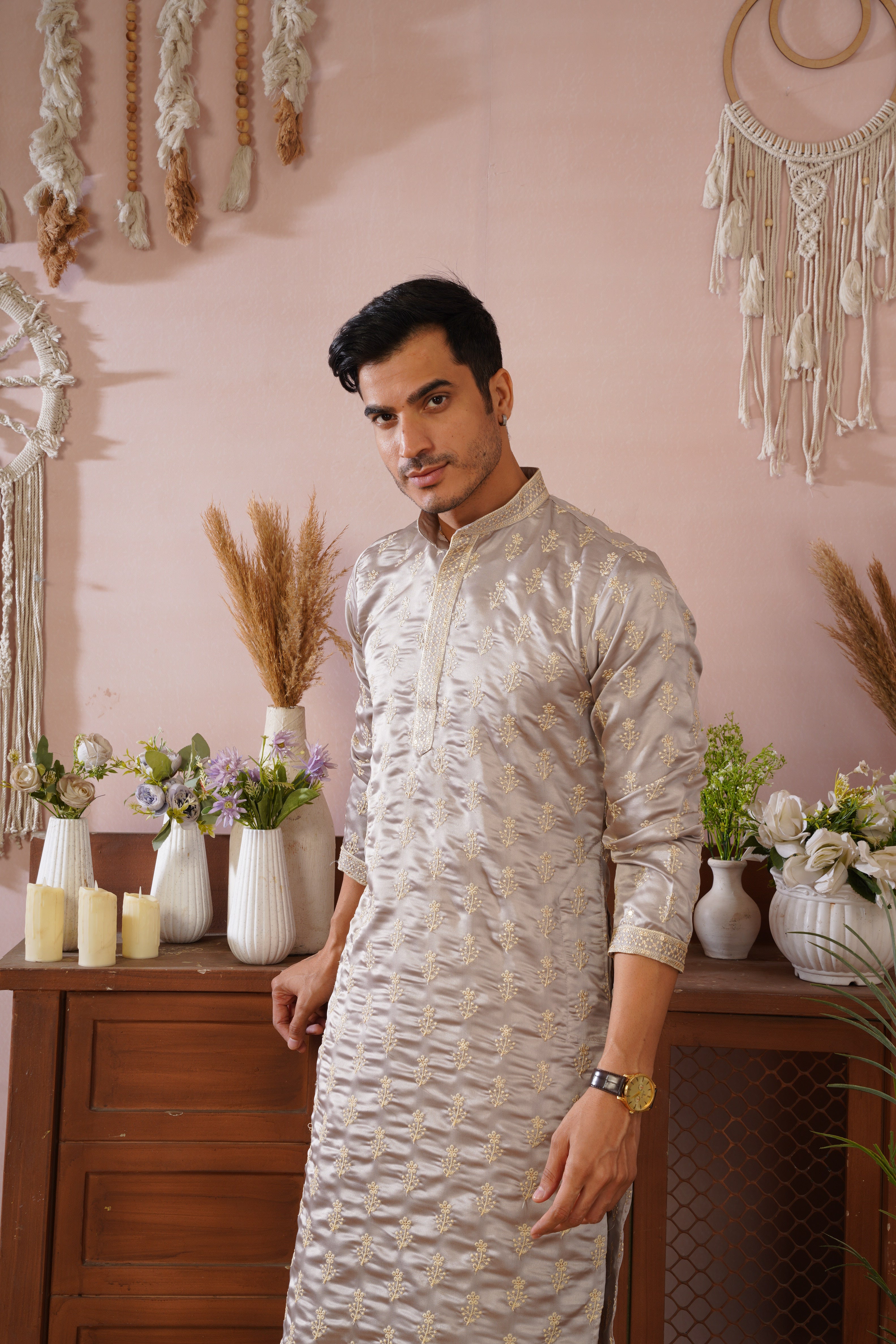 Grey Sequin-Embroidered Kurta set with gold detailing